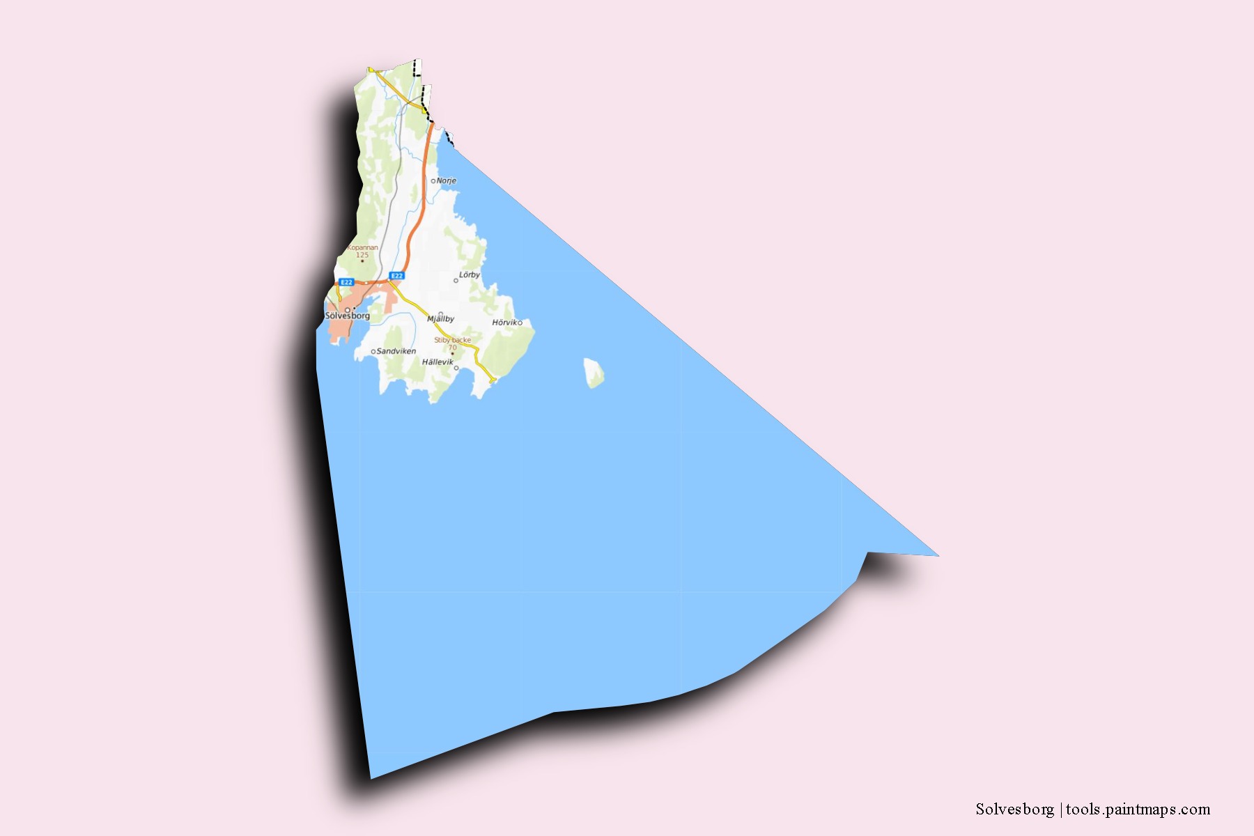 Solvesborg neighborhoods and villages map with 3D shadow effect