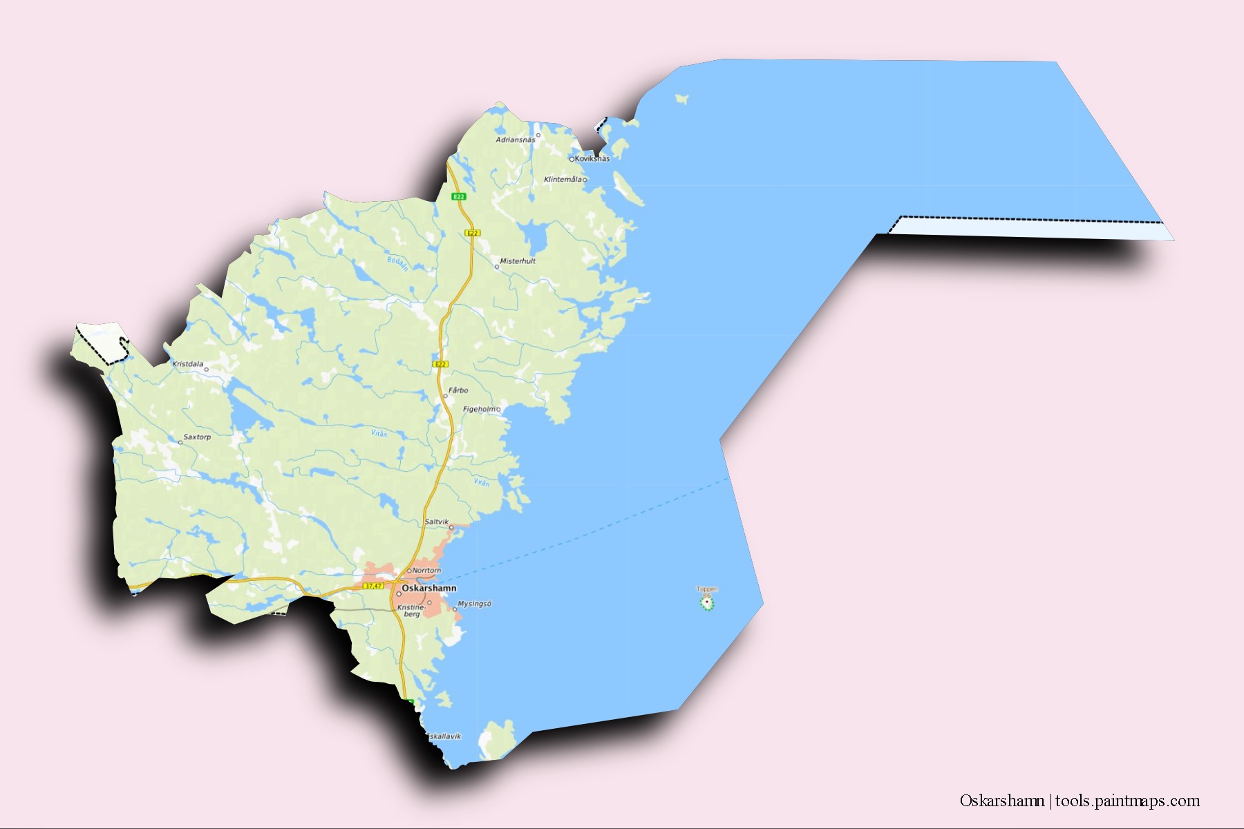 Oskarshamn neighborhoods and villages map with 3D shadow effect