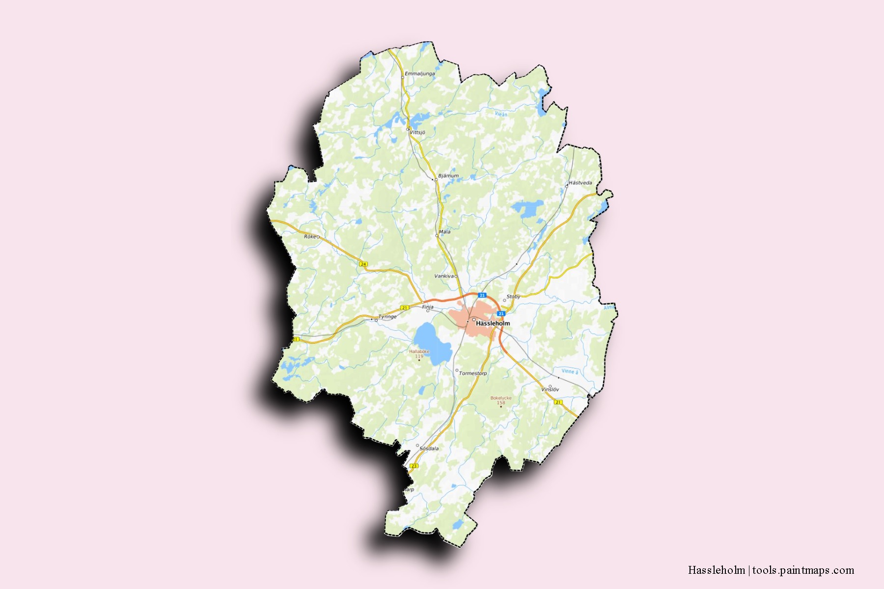 Mapa de barrios y pueblos de Hassleholm con efecto de sombra 3D