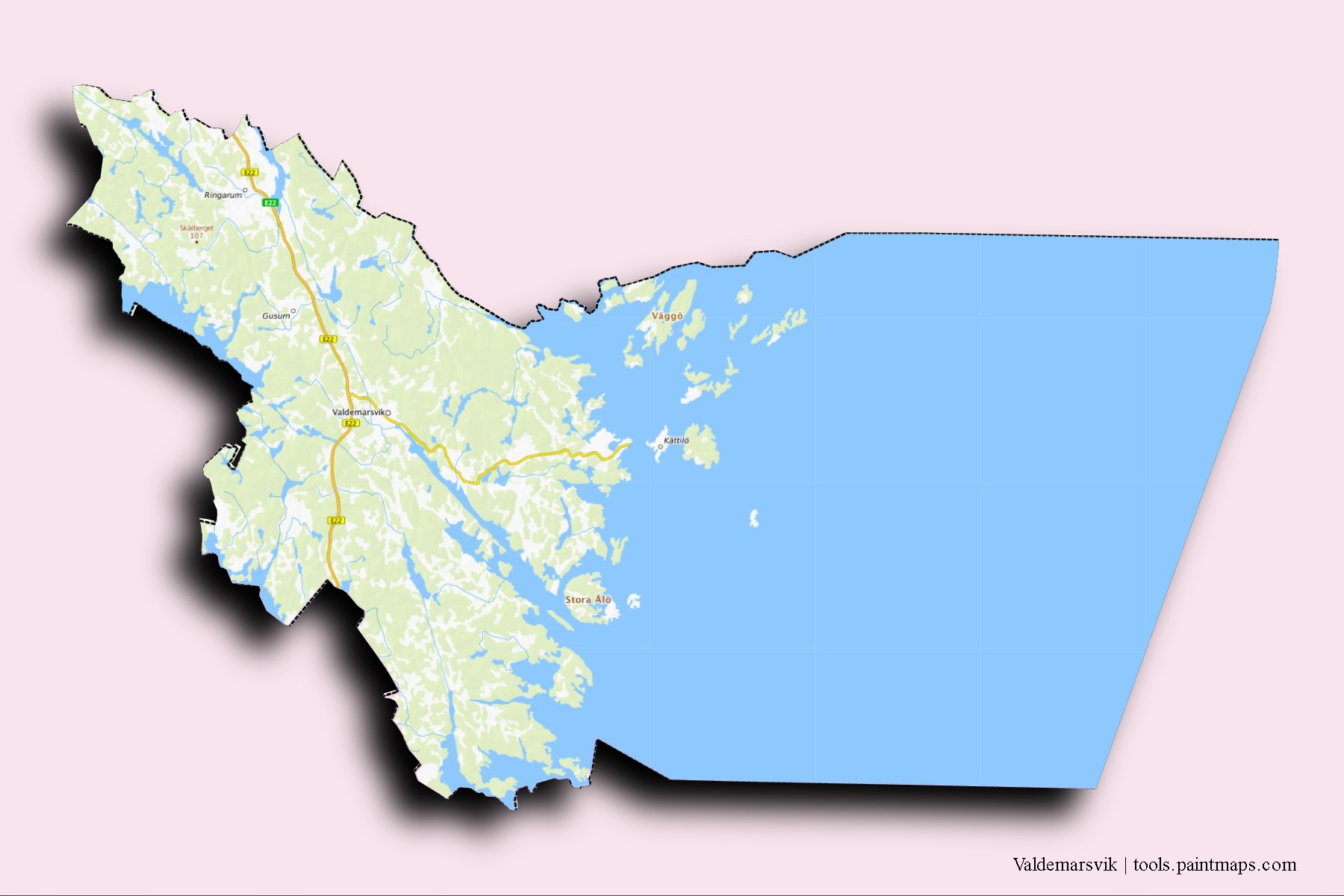 3D gölge efektli Valdemarsvik mahalleleri ve köyleri haritası