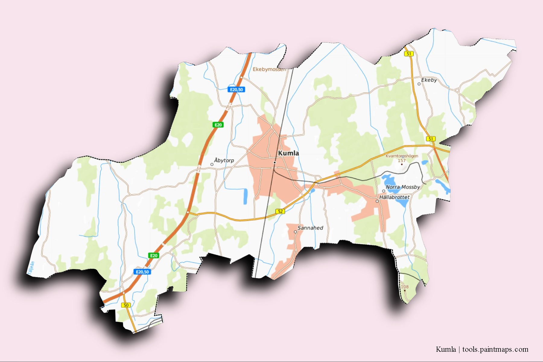 Kumla neighborhoods and villages map with 3D shadow effect