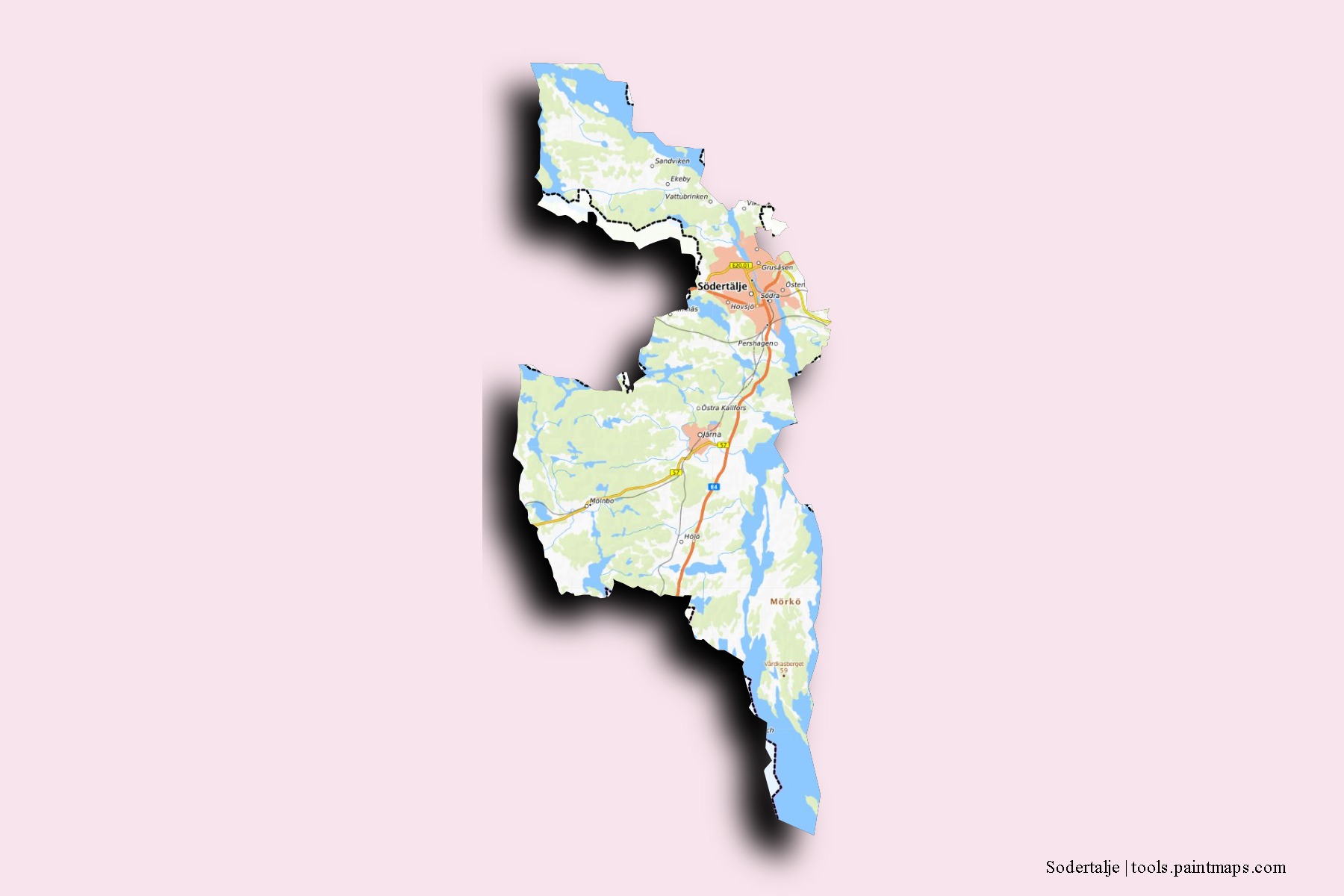 Mapa de barrios y pueblos de Sodertalje con efecto de sombra 3D