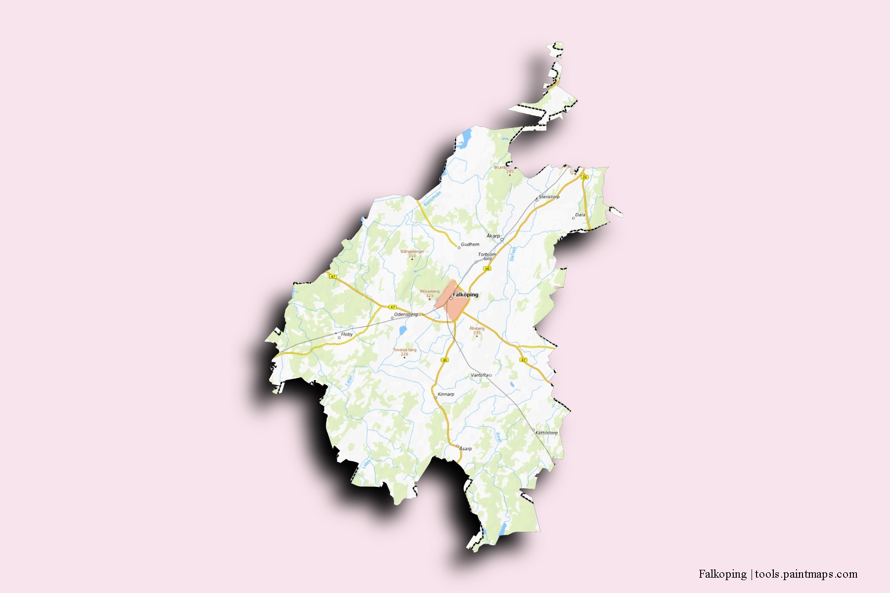 Mapa de barrios y pueblos de Falkoping con efecto de sombra 3D