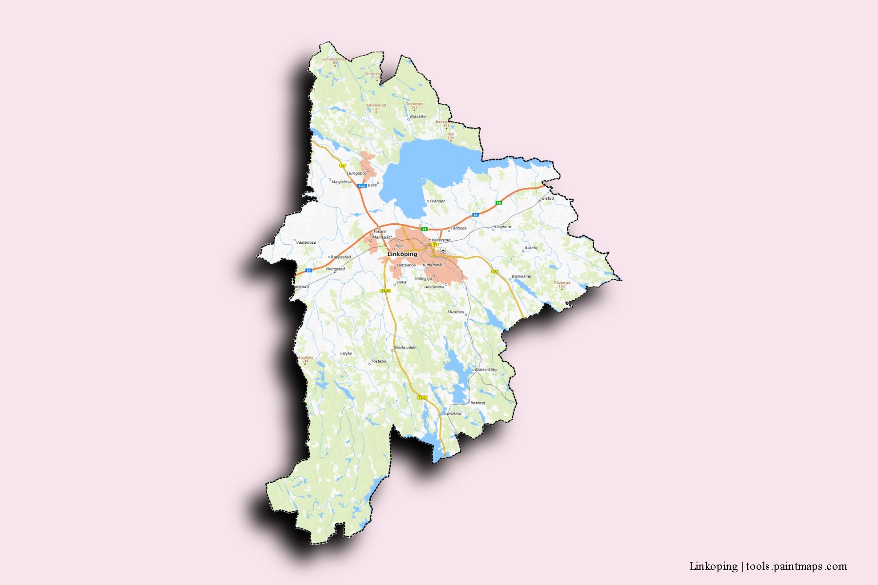 Linkoping neighborhoods and villages map with 3D shadow effect