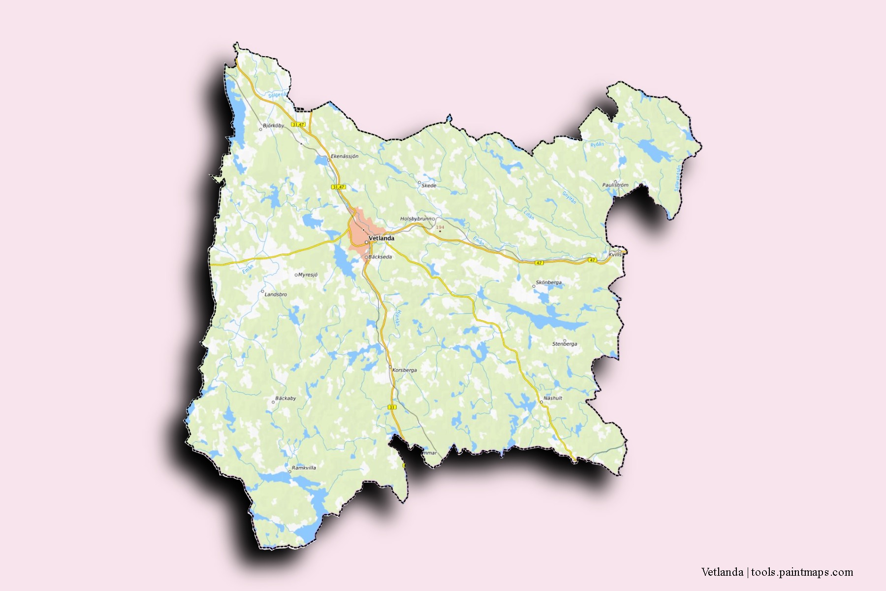 Vetlanda neighborhoods and villages map with 3D shadow effect