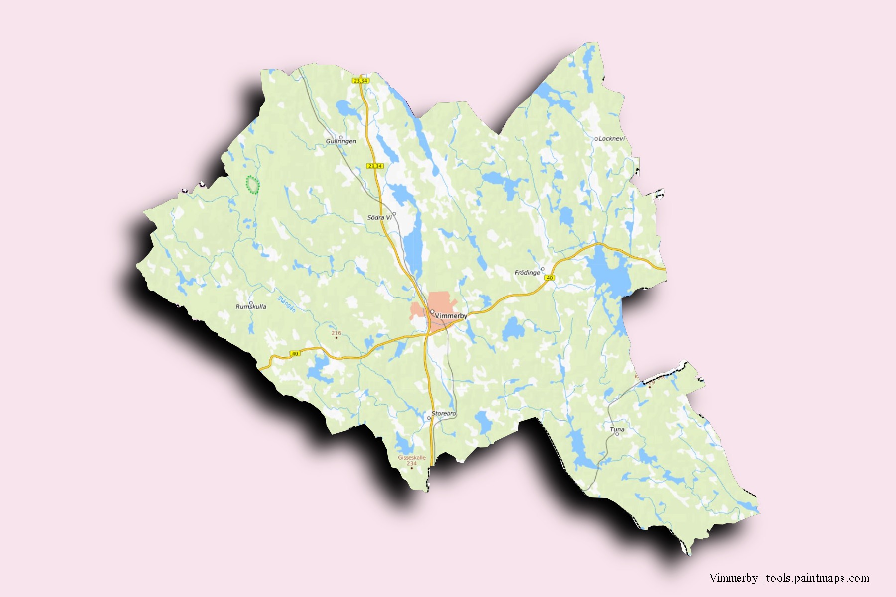 Vimmerby neighborhoods and villages map with 3D shadow effect