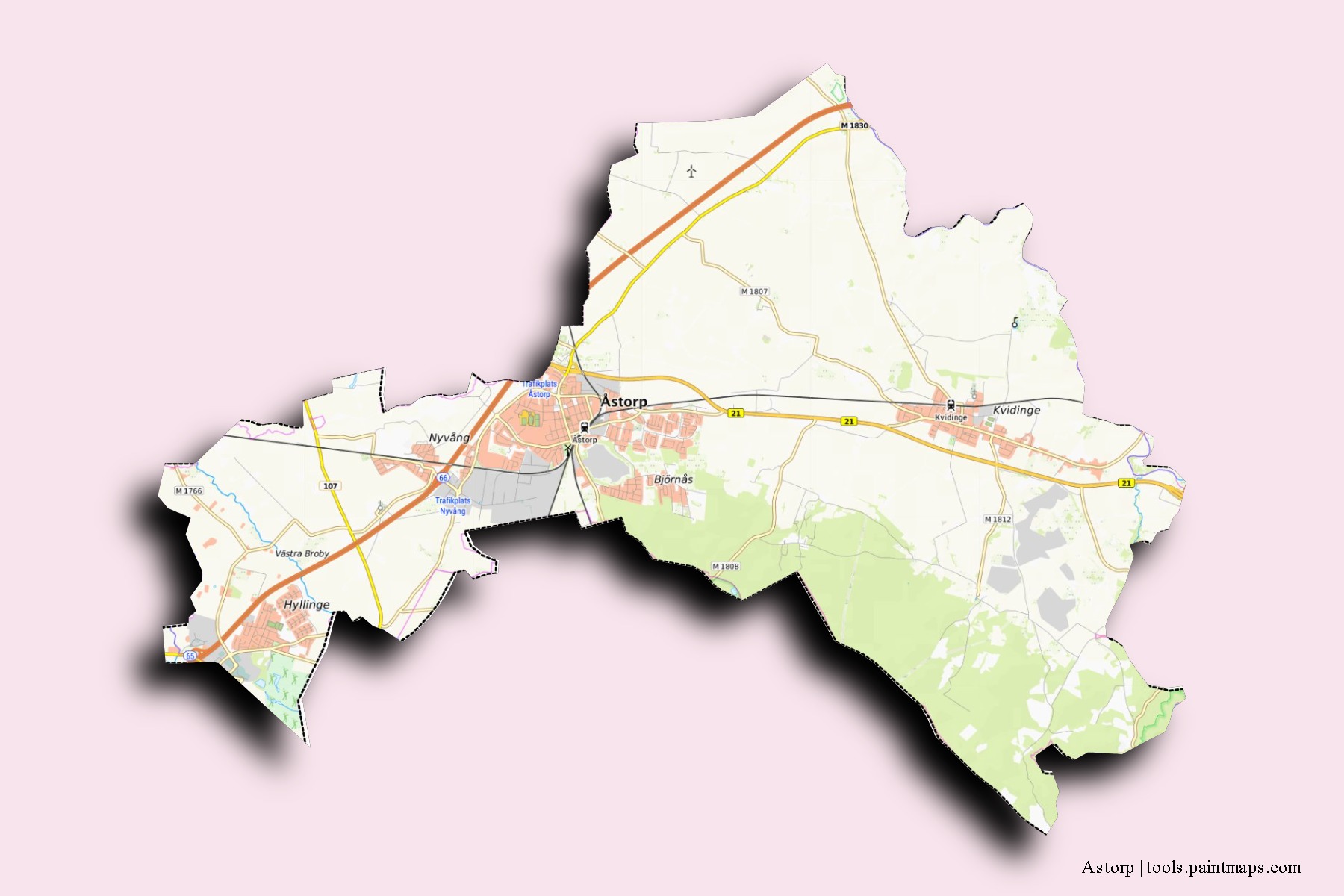 Mapa de barrios y pueblos de Astorp con efecto de sombra 3D