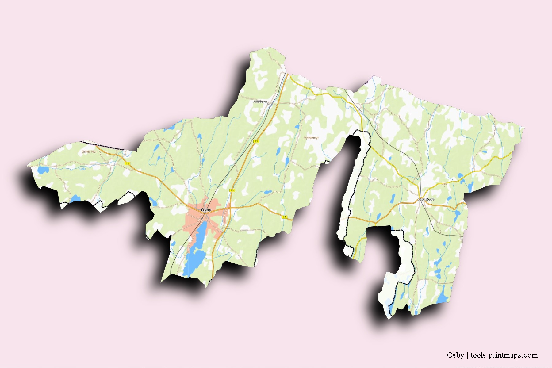 Mapa de barrios y pueblos de Osby con efecto de sombra 3D