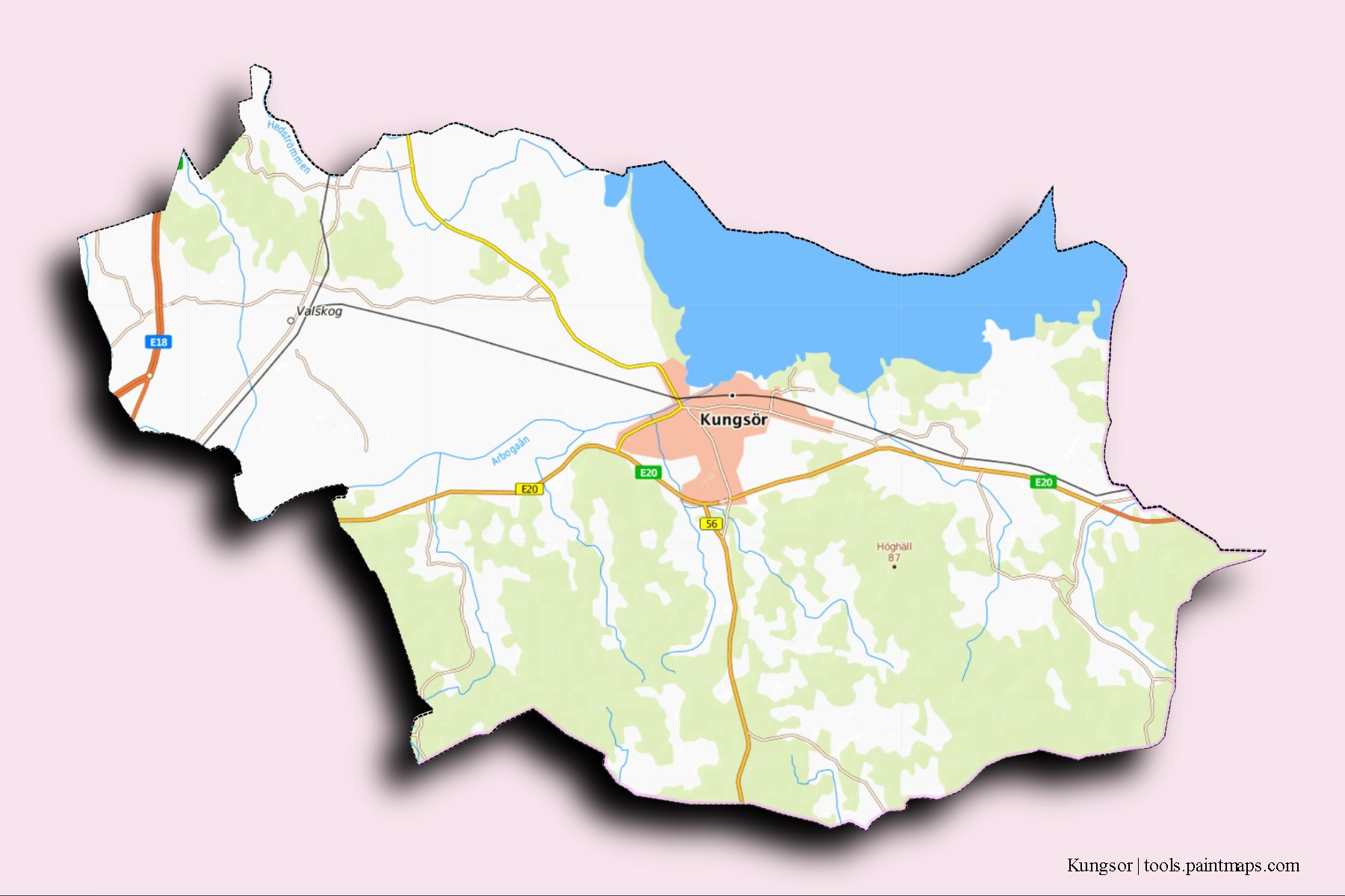 Mapa de barrios y pueblos de Kungsor con efecto de sombra 3D