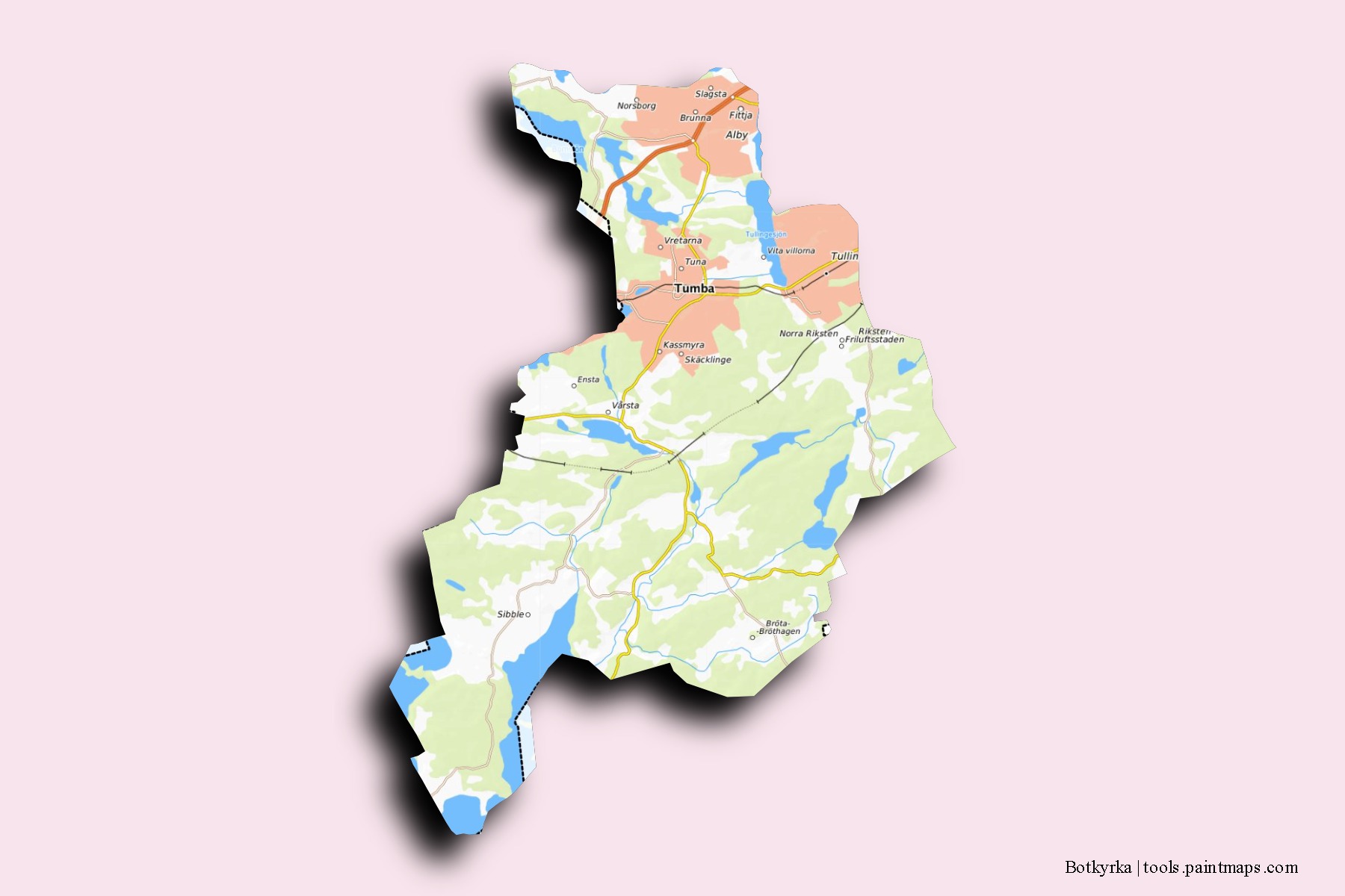 Botkyrka neighborhoods and villages map with 3D shadow effect