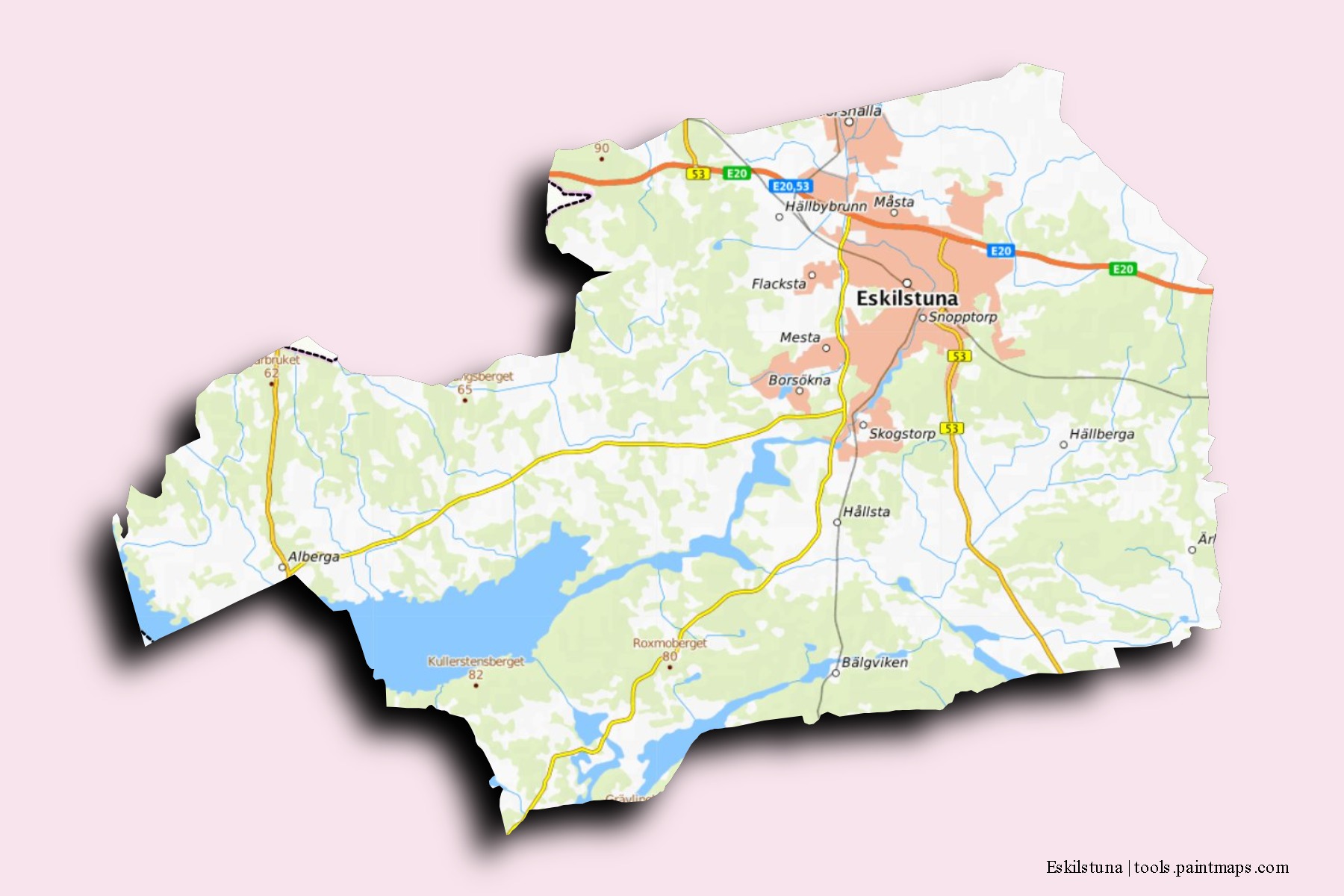 Mapa de barrios y pueblos de Eskilstuna con efecto de sombra 3D