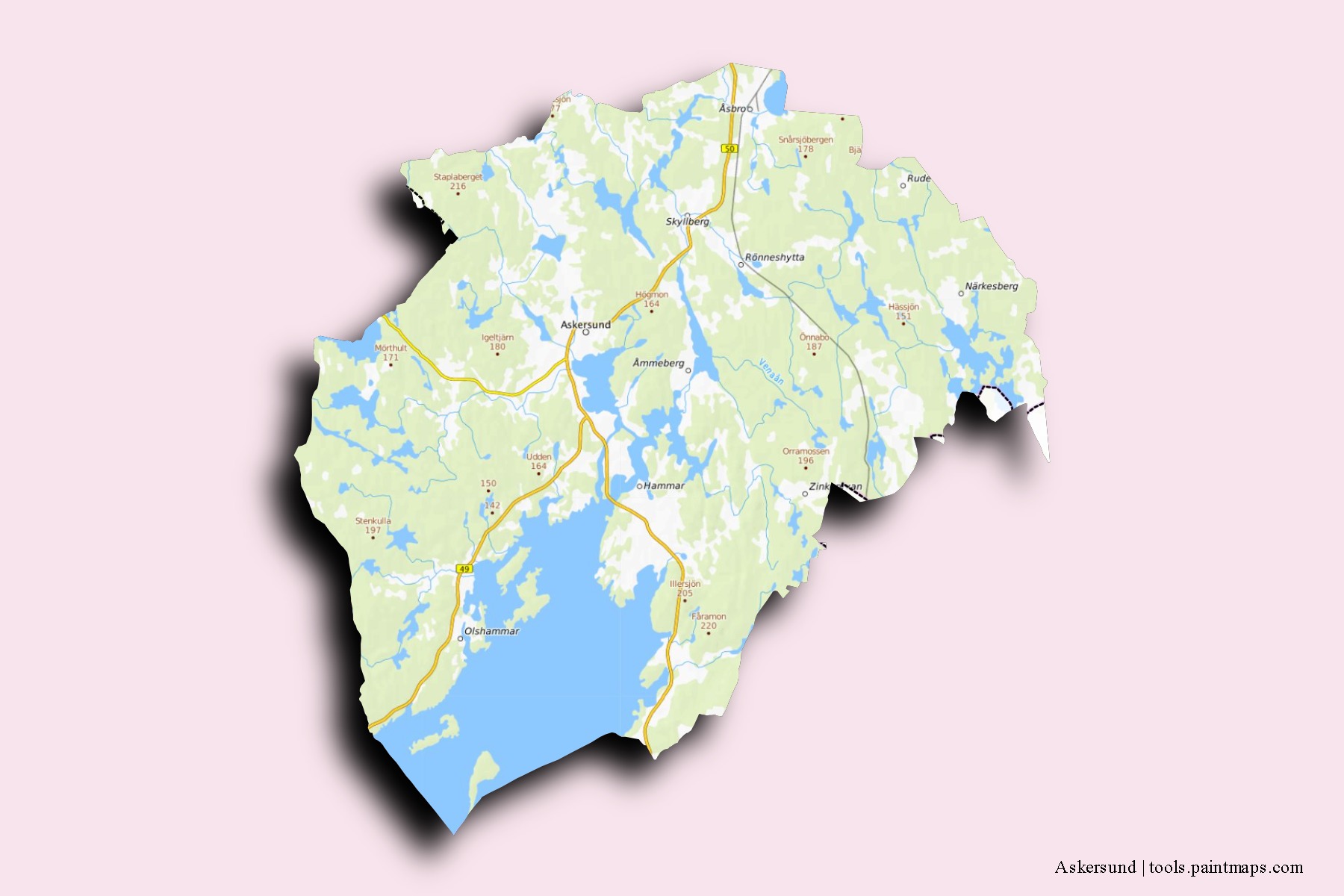 Askersund neighborhoods and villages map with 3D shadow effect