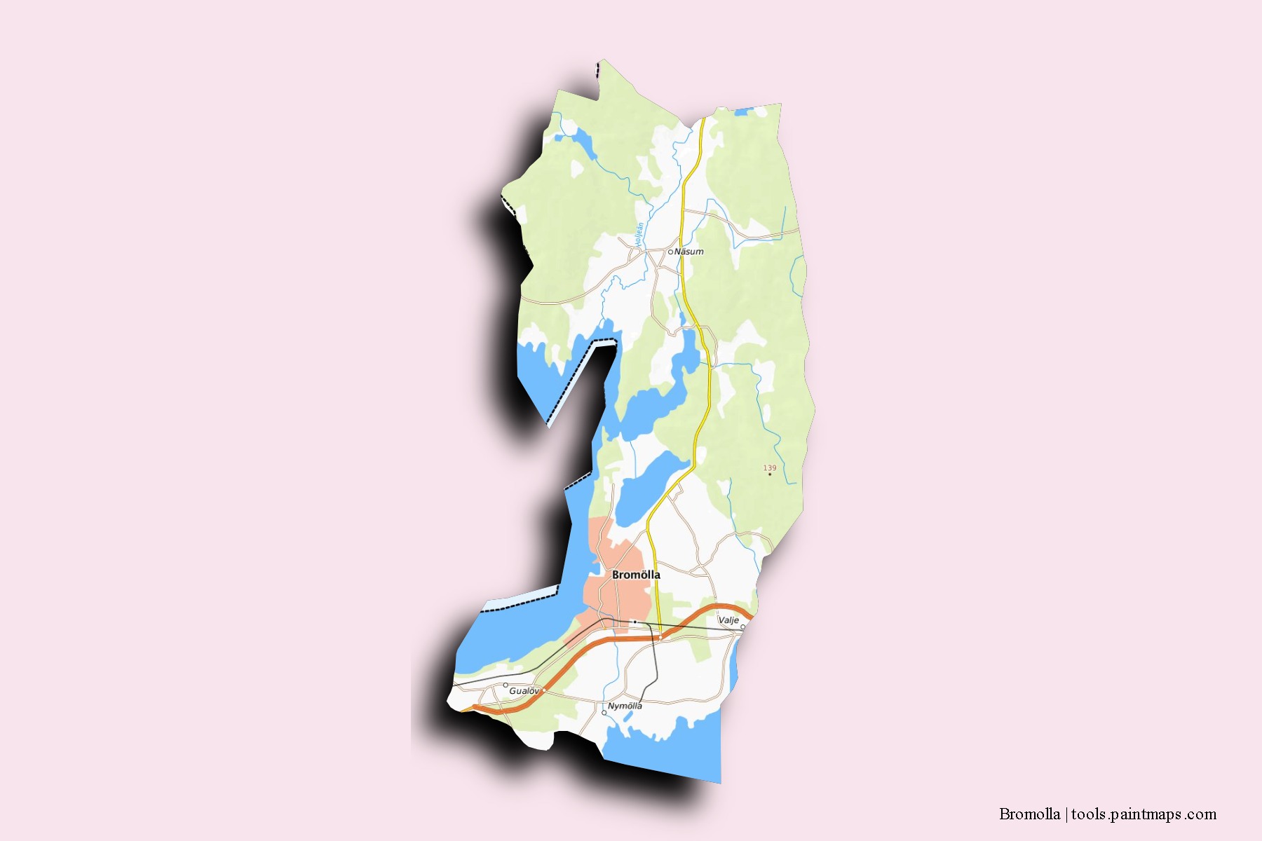 Bromolla neighborhoods and villages map with 3D shadow effect