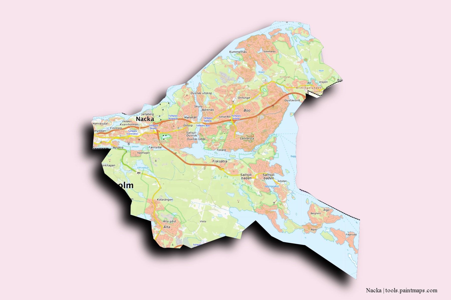 Nacka neighborhoods and villages map with 3D shadow effect