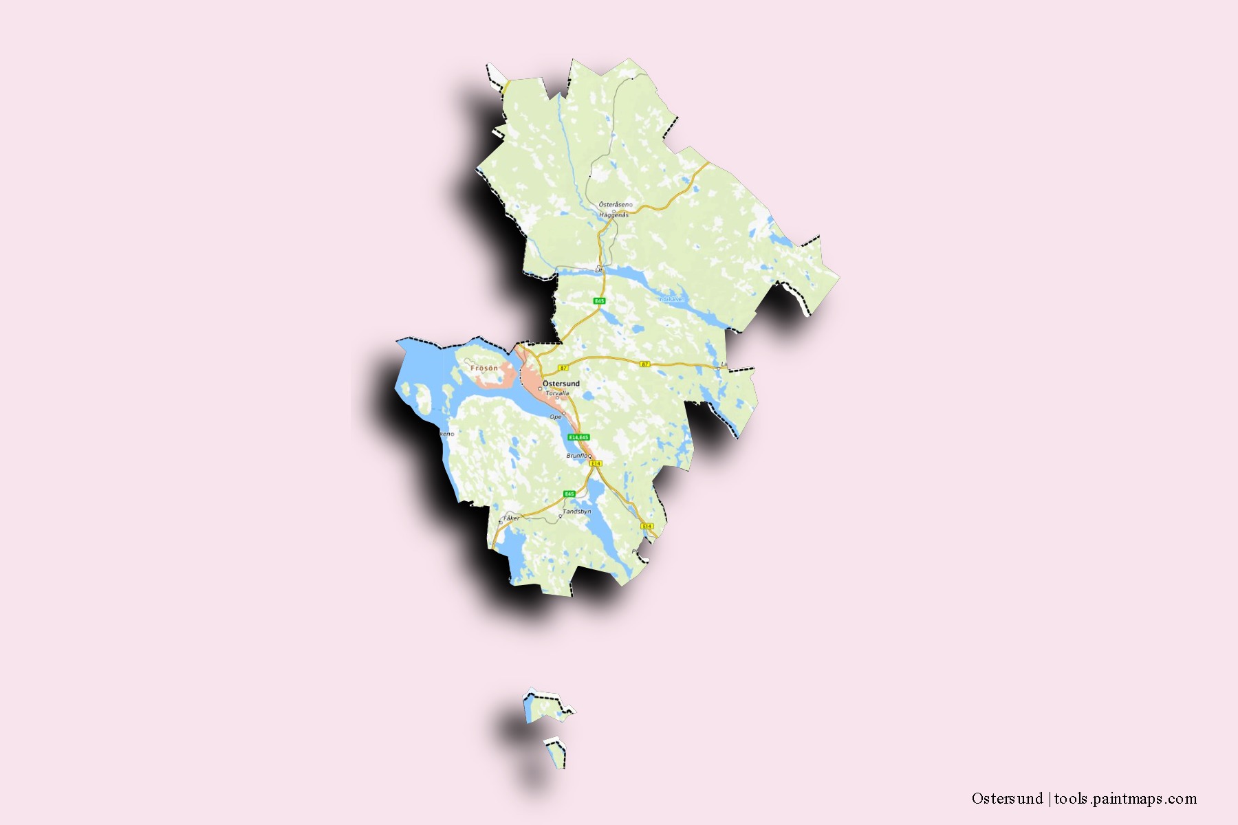 Mapa de barrios y pueblos de Ostersund con efecto de sombra 3D