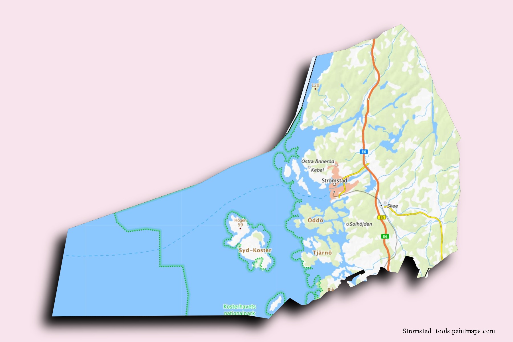 Stromstad neighborhoods and villages map with 3D shadow effect