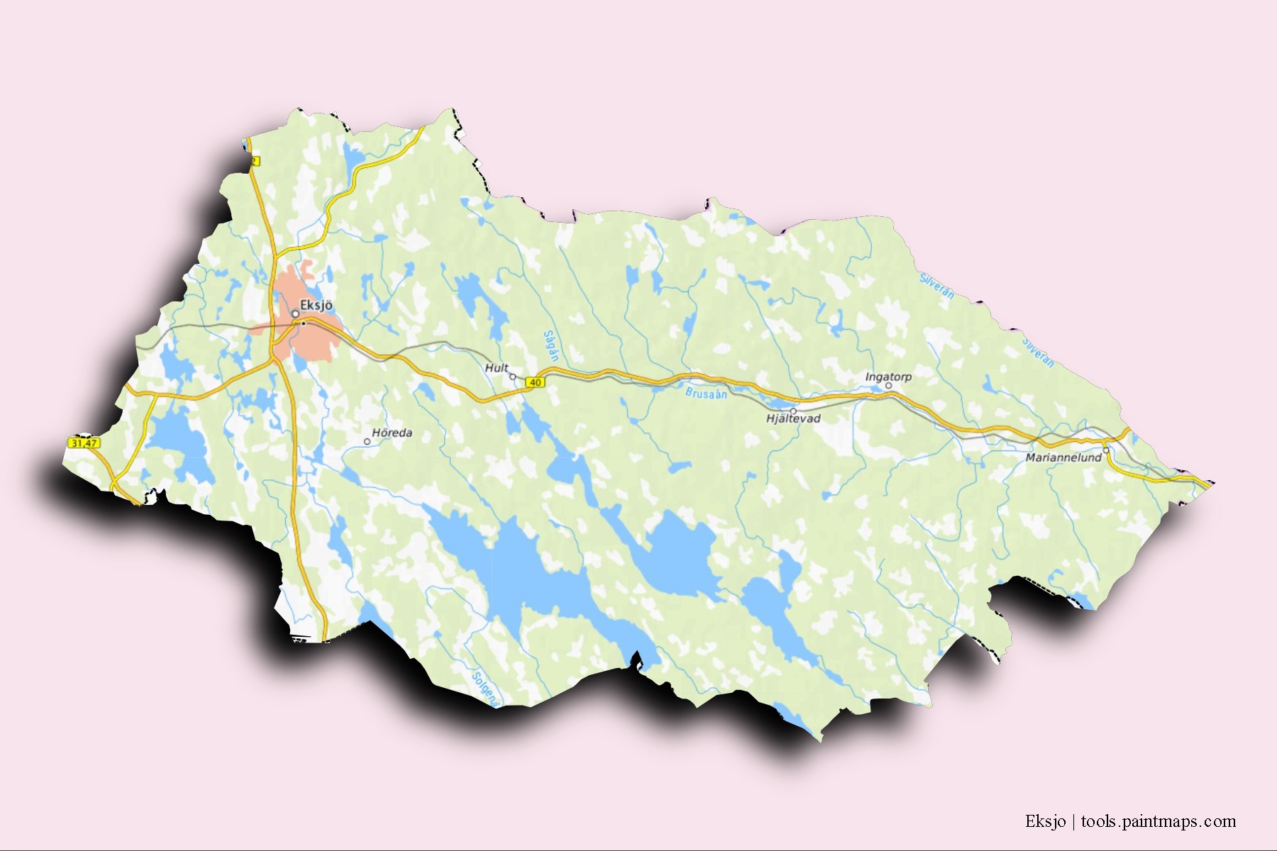 Mapa de barrios y pueblos de Eksjo con efecto de sombra 3D