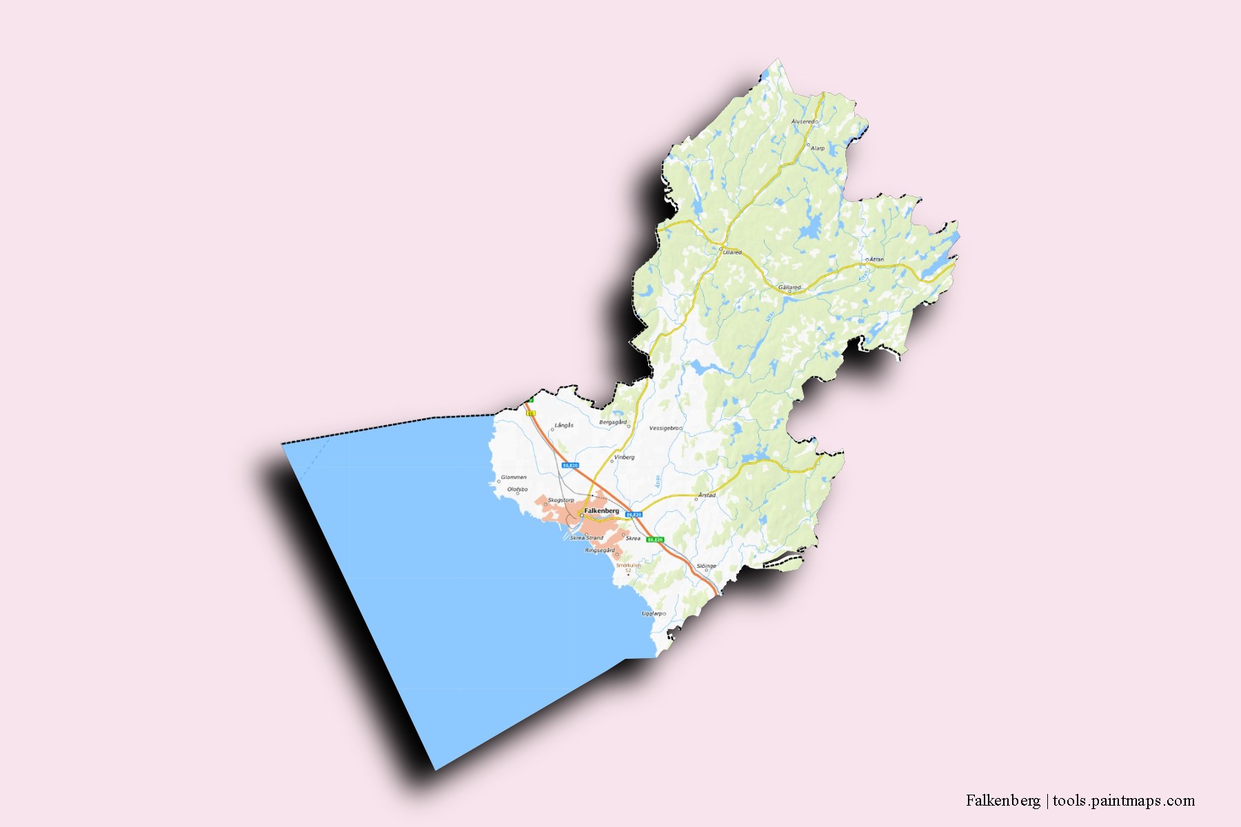 Falkenberg neighborhoods and villages map with 3D shadow effect