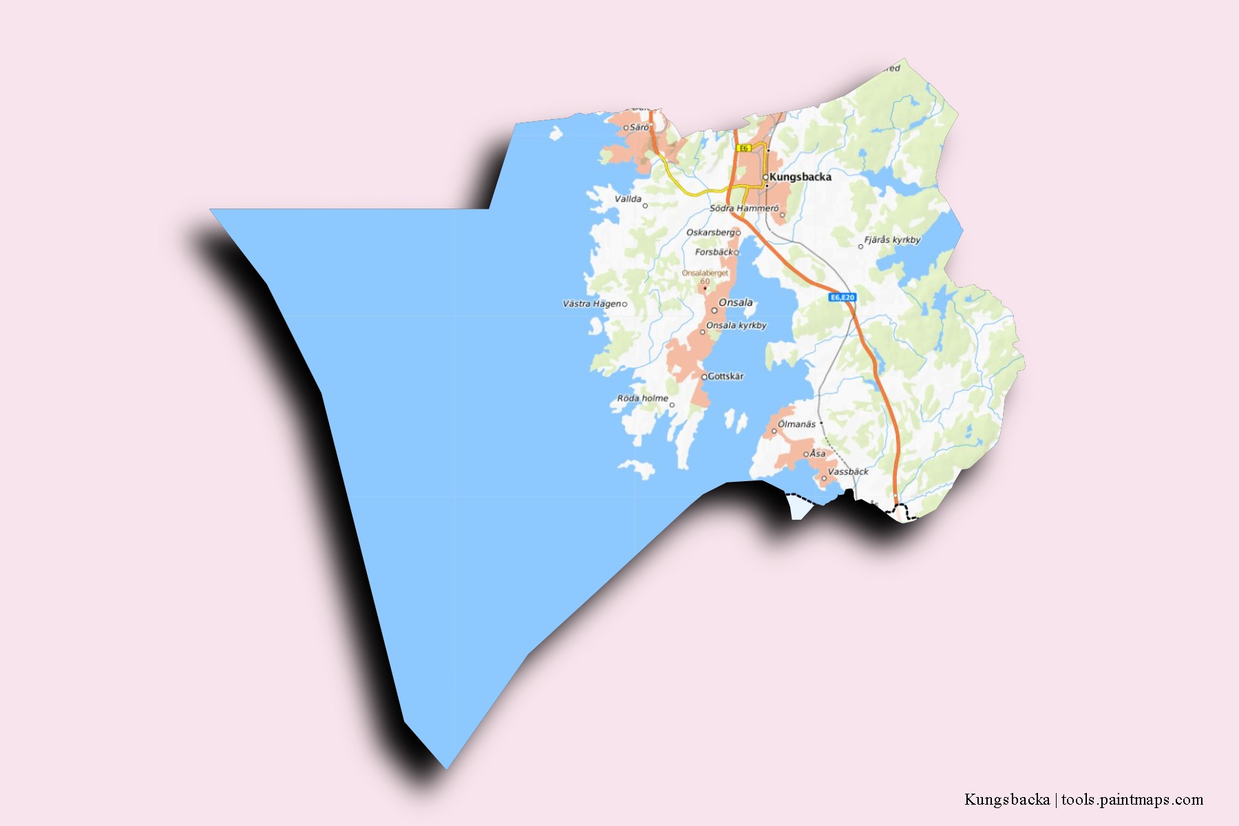 3D gölge efektli Kungsbacka mahalleleri ve köyleri haritası