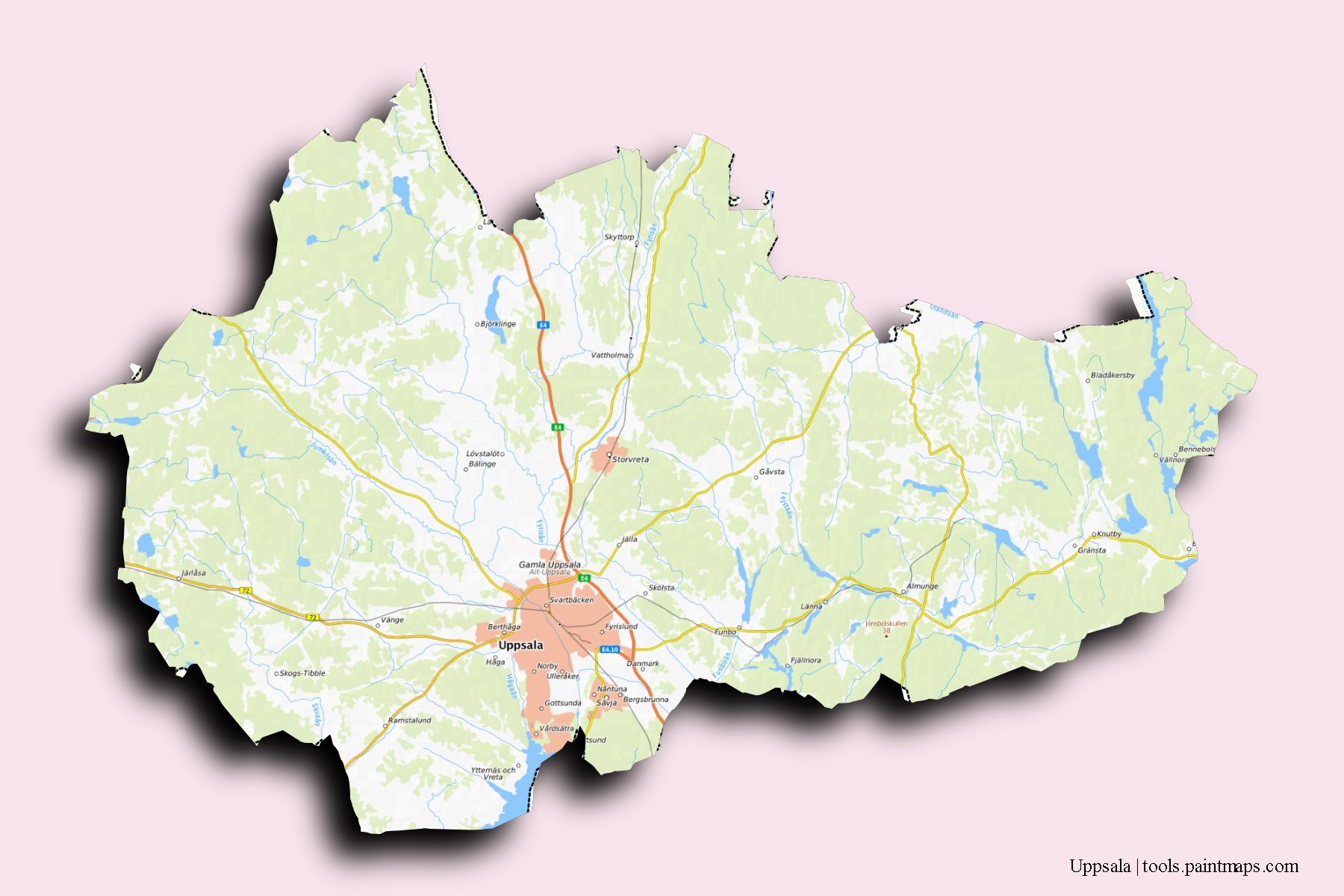 Uppsala neighborhoods and villages map with 3D shadow effect