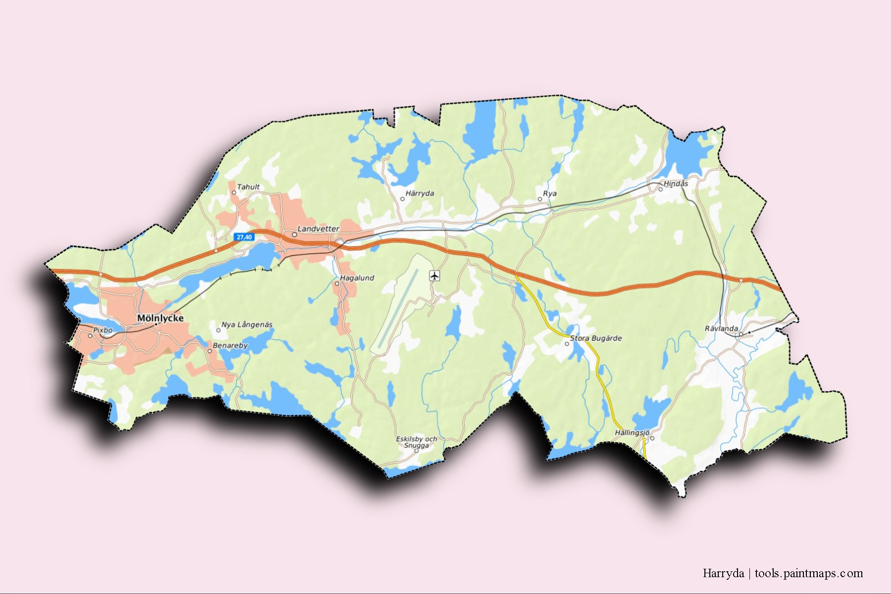 Mapa de barrios y pueblos de Harryda con efecto de sombra 3D