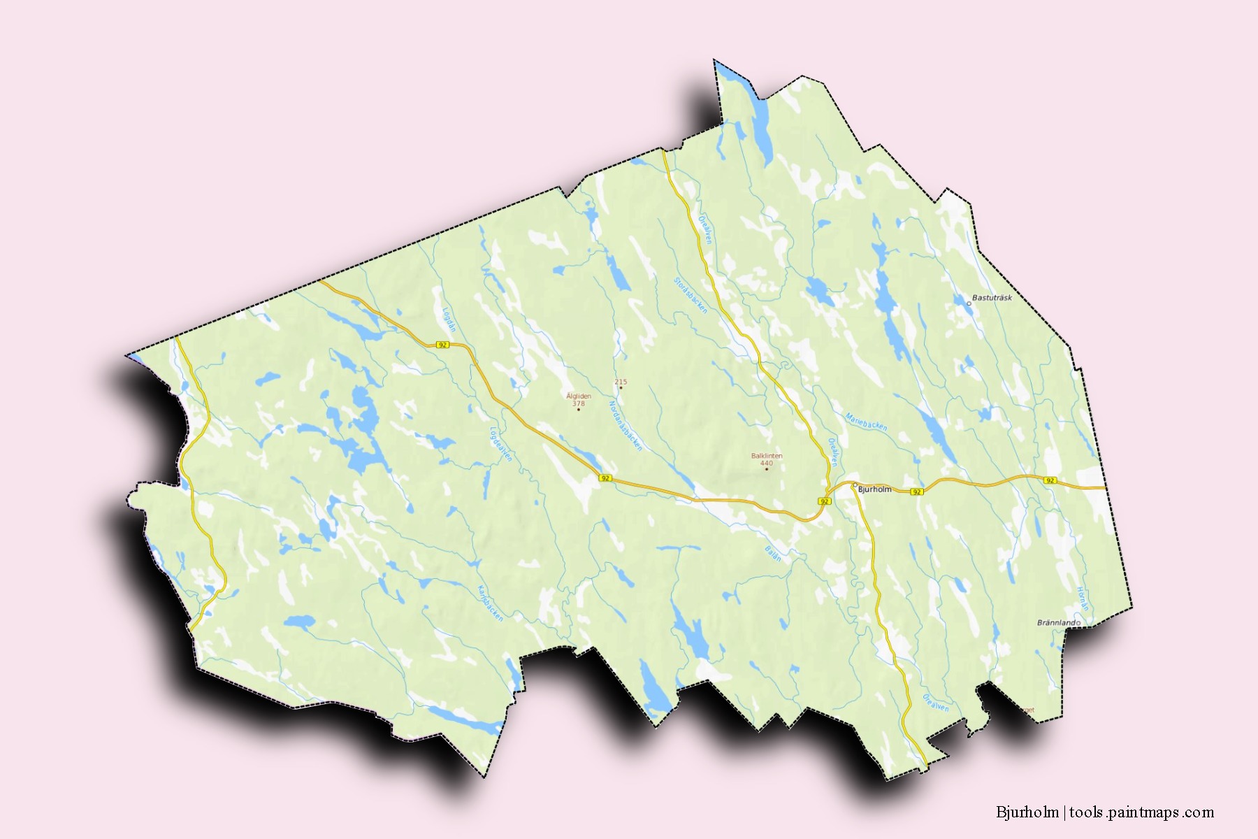 Mapa de barrios y pueblos de Bjurholm con efecto de sombra 3D