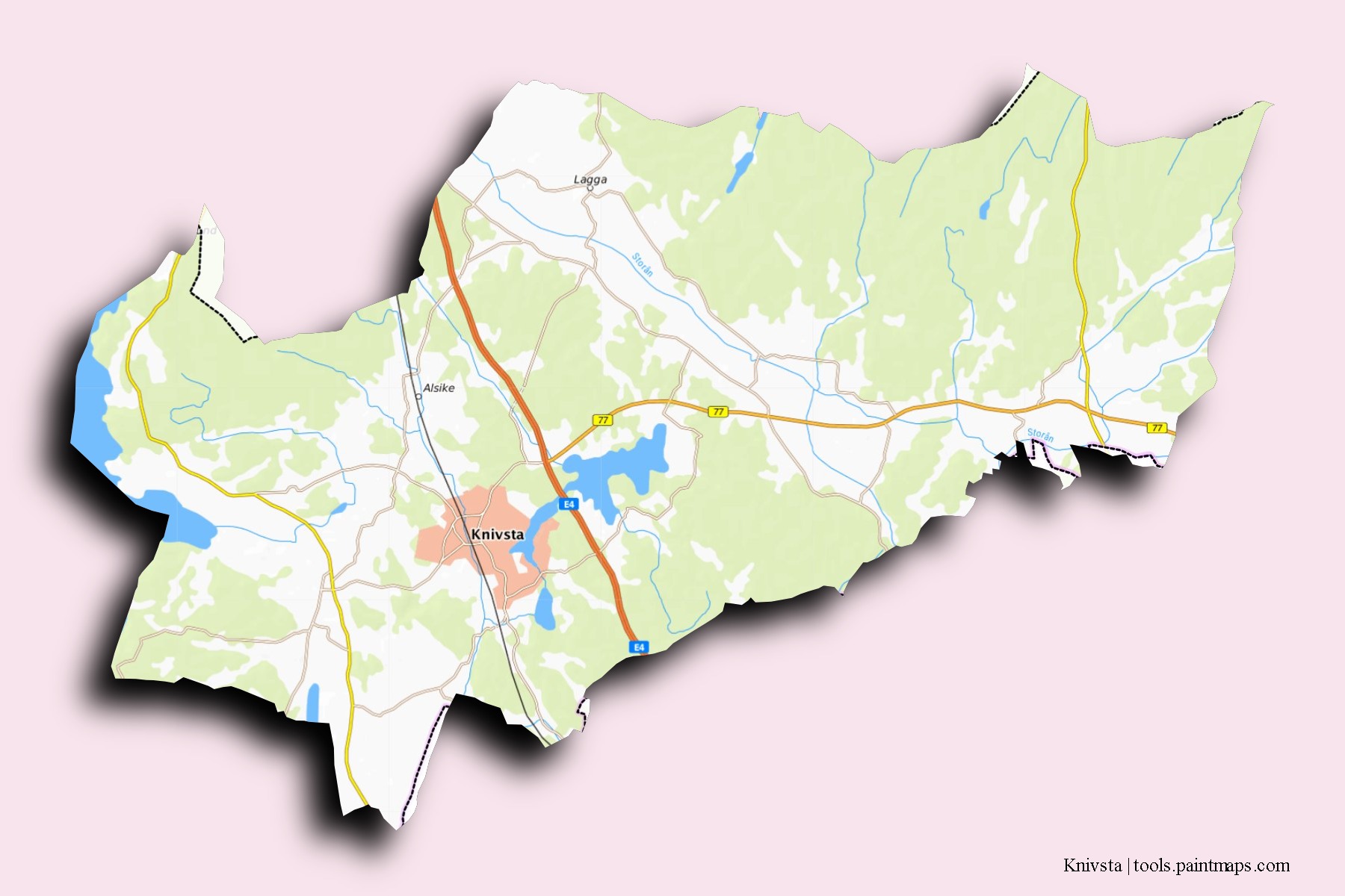 Mapa de barrios y pueblos de Knivsta con efecto de sombra 3D