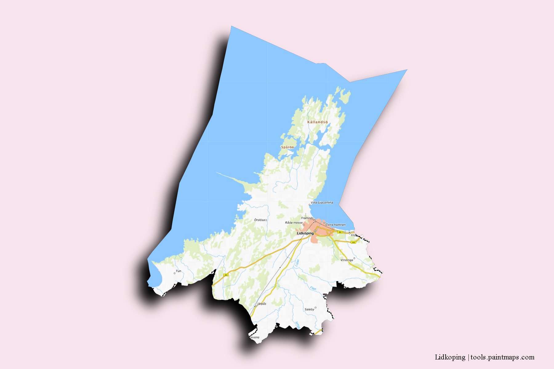 Mapa de barrios y pueblos de Lidkoping con efecto de sombra 3D