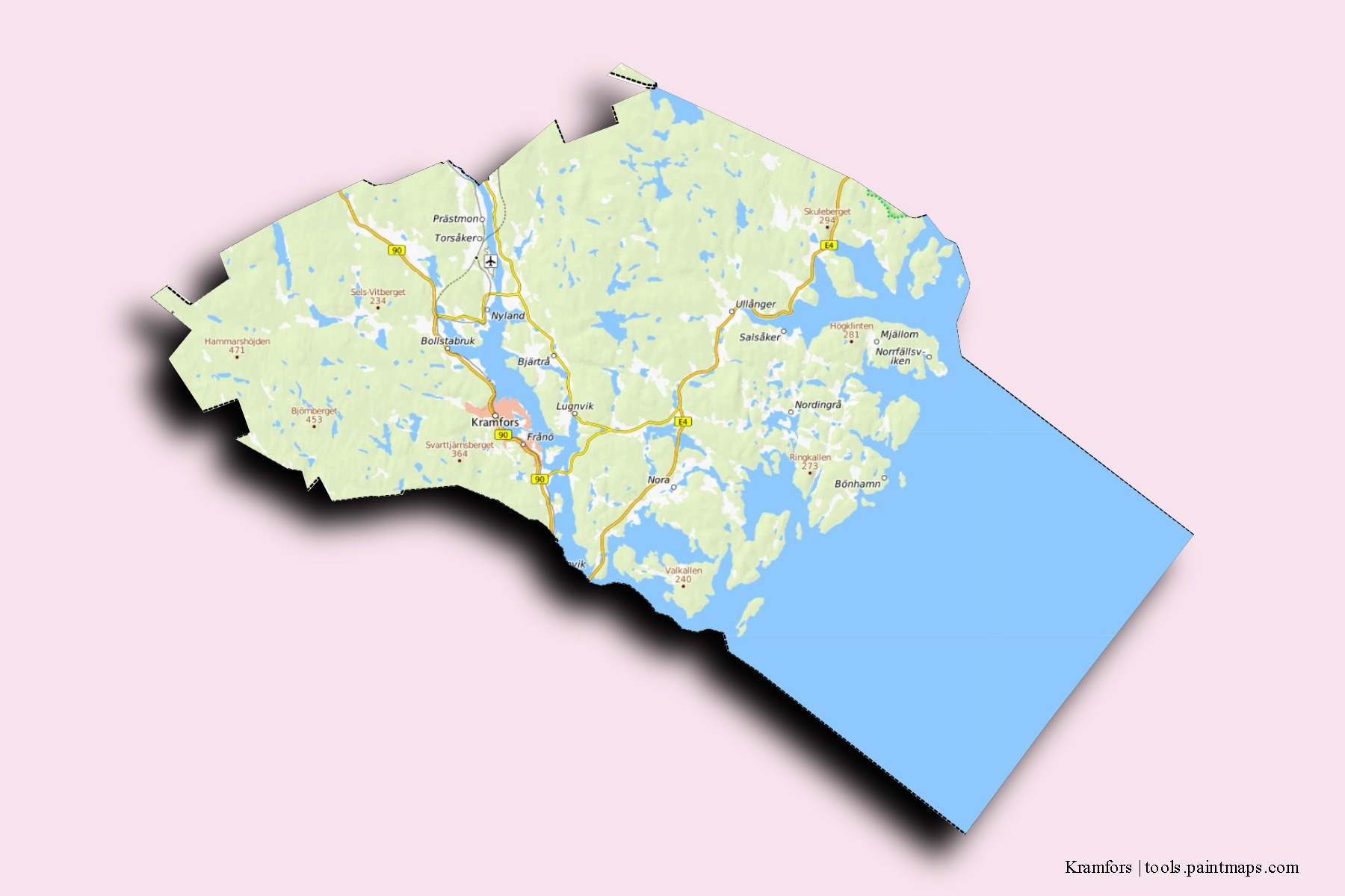 Kramfors neighborhoods and villages map with 3D shadow effect