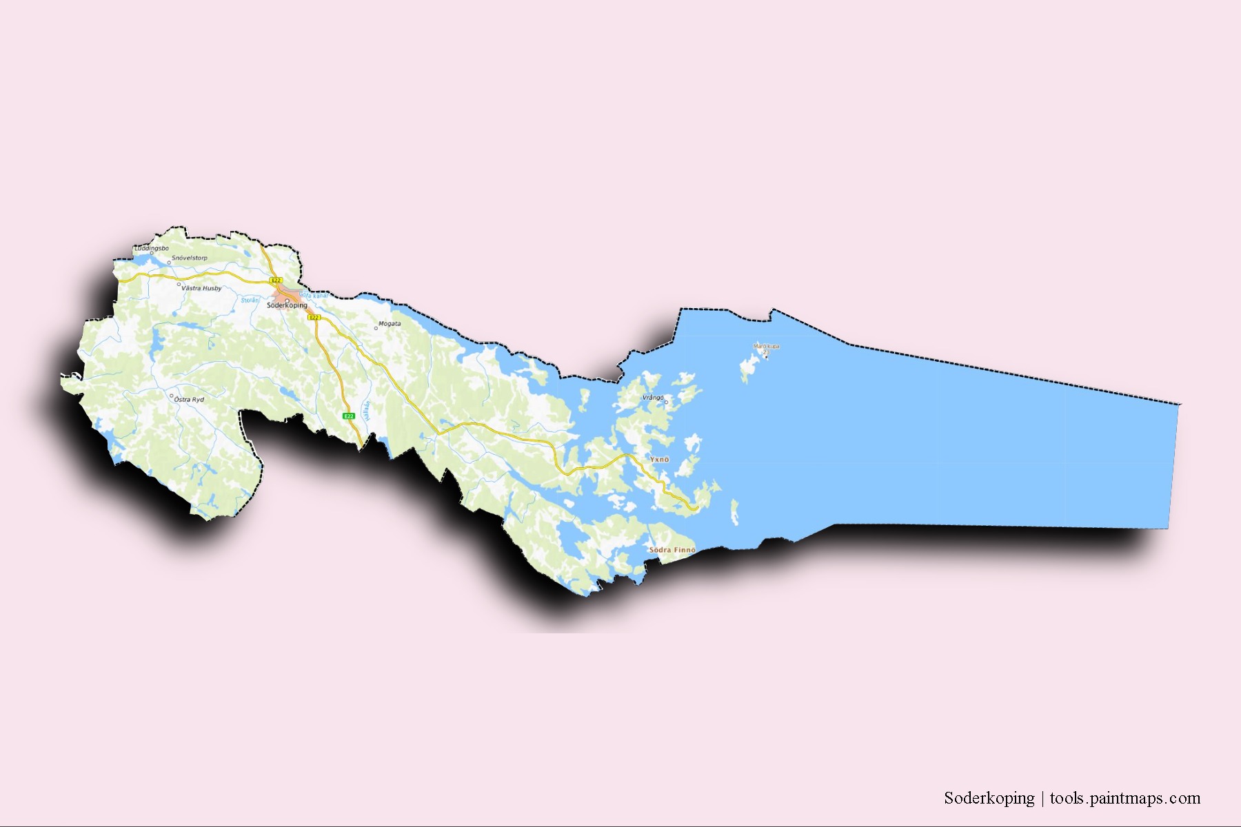 Soderkoping neighborhoods and villages map with 3D shadow effect