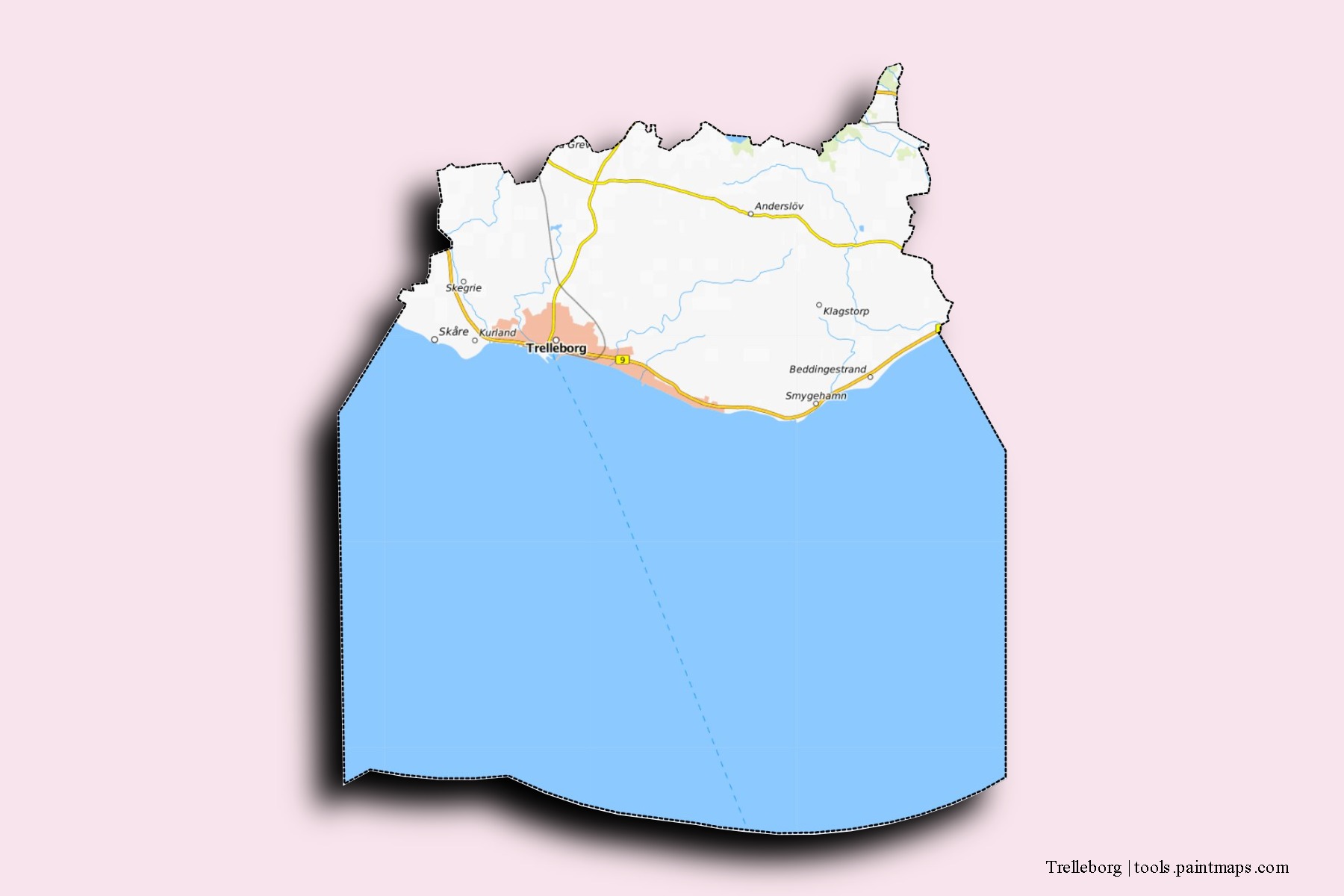 Mapa de barrios y pueblos de Trelleborg con efecto de sombra 3D