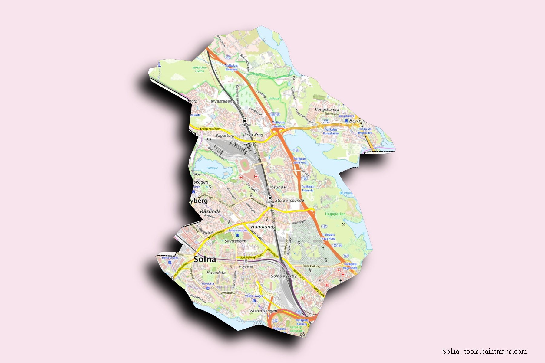 Mapa de barrios y pueblos de Solna con efecto de sombra 3D