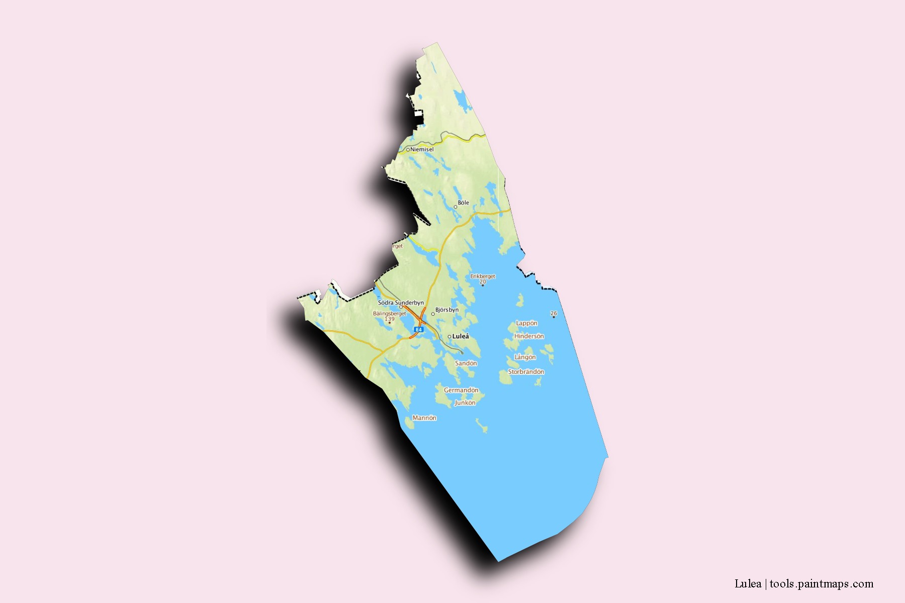 Lulea neighborhoods and villages map with 3D shadow effect