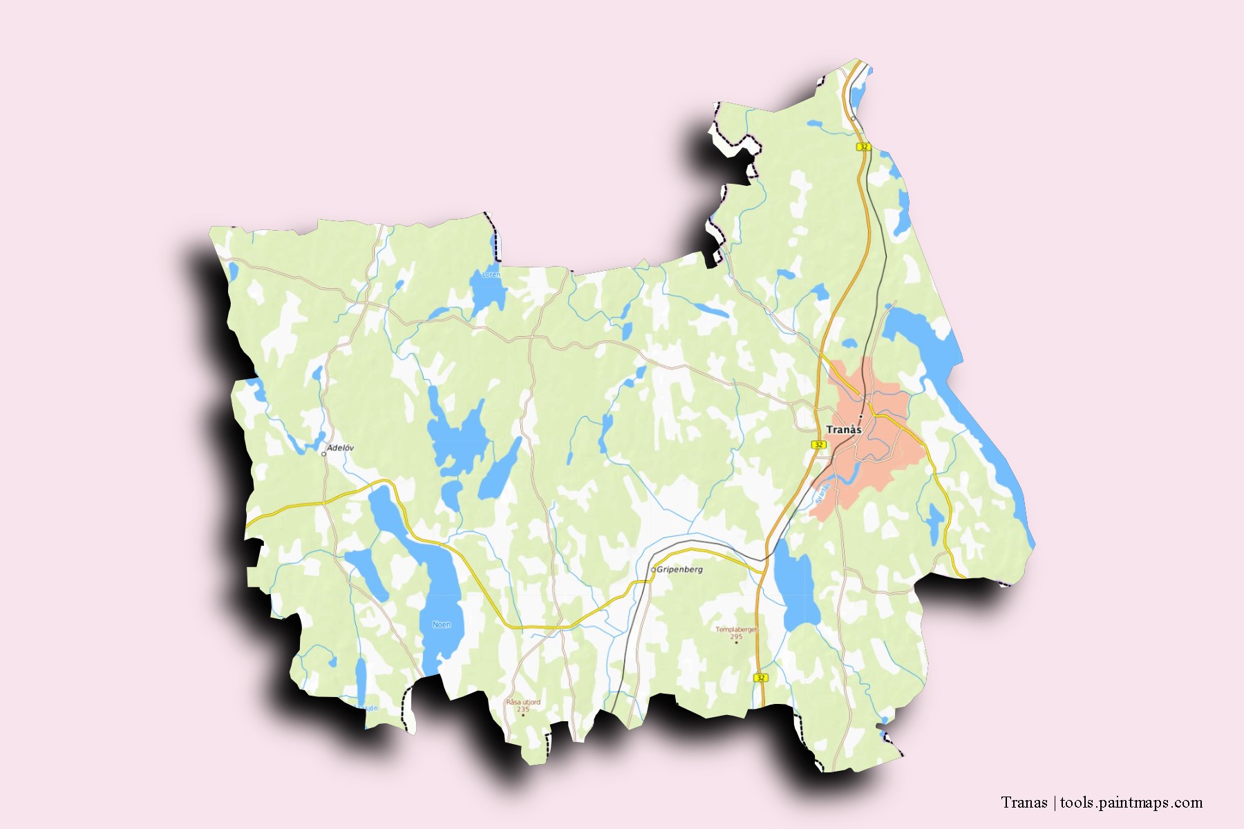 Tranas neighborhoods and villages map with 3D shadow effect