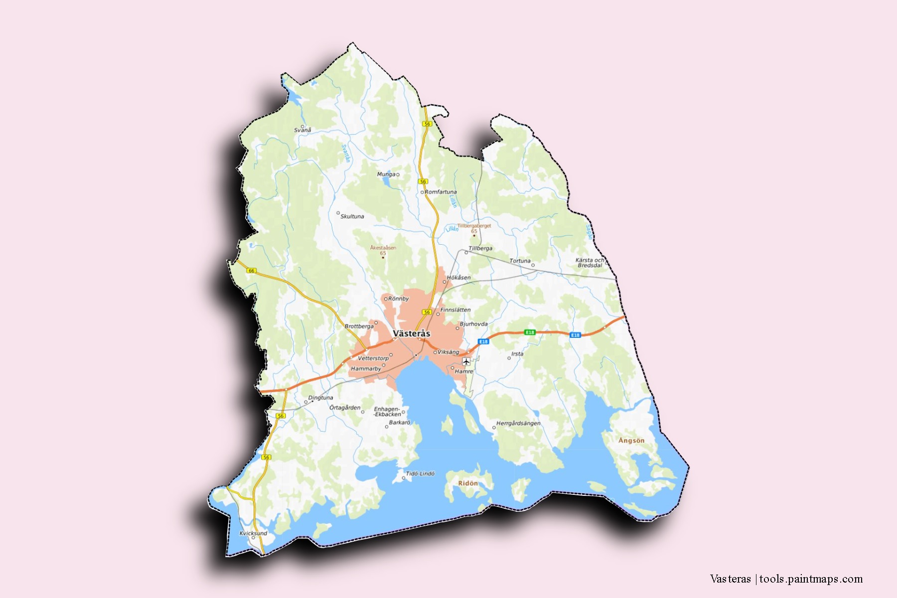 Vasteras neighborhoods and villages map with 3D shadow effect