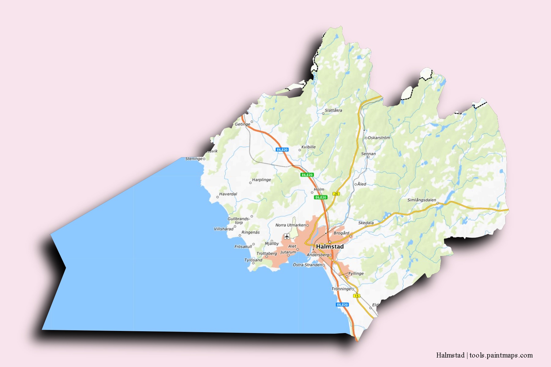 Halmstad neighborhoods and villages map with 3D shadow effect