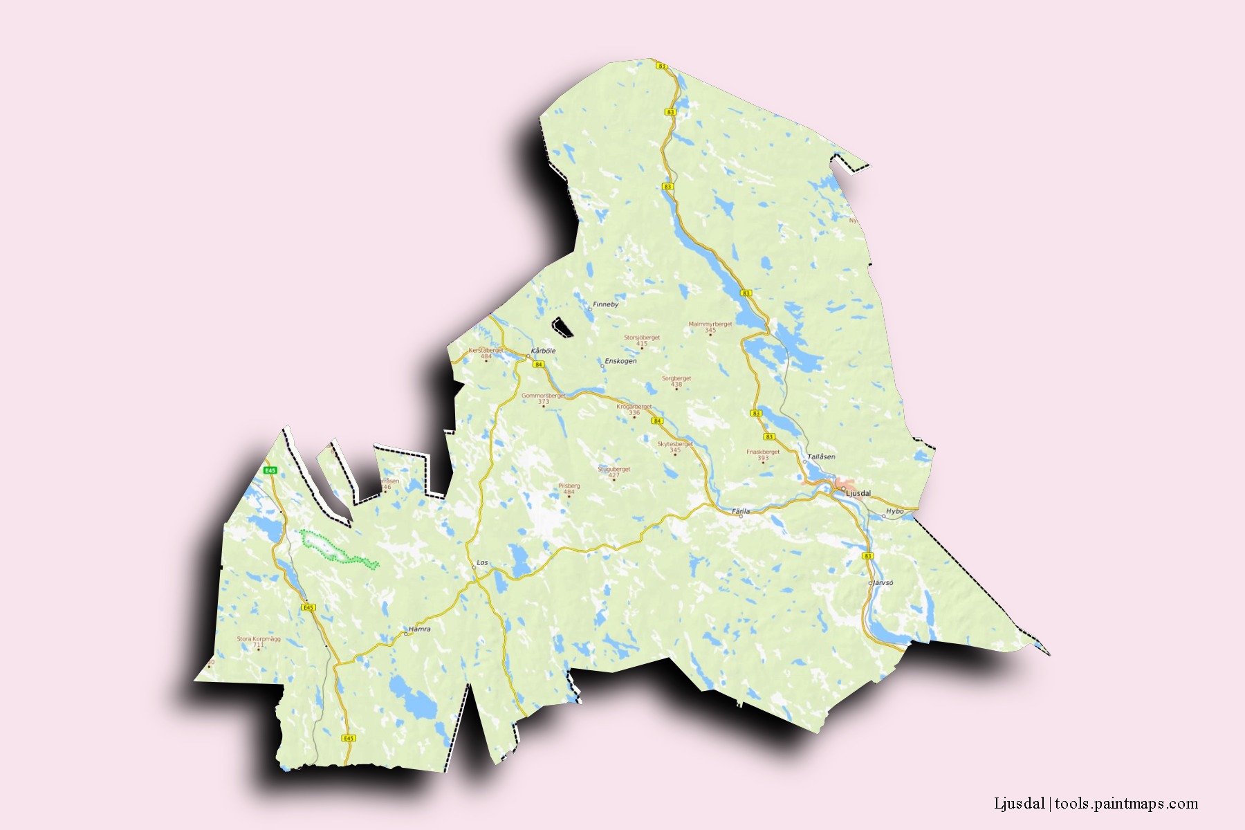 Ljusdal neighborhoods and villages map with 3D shadow effect