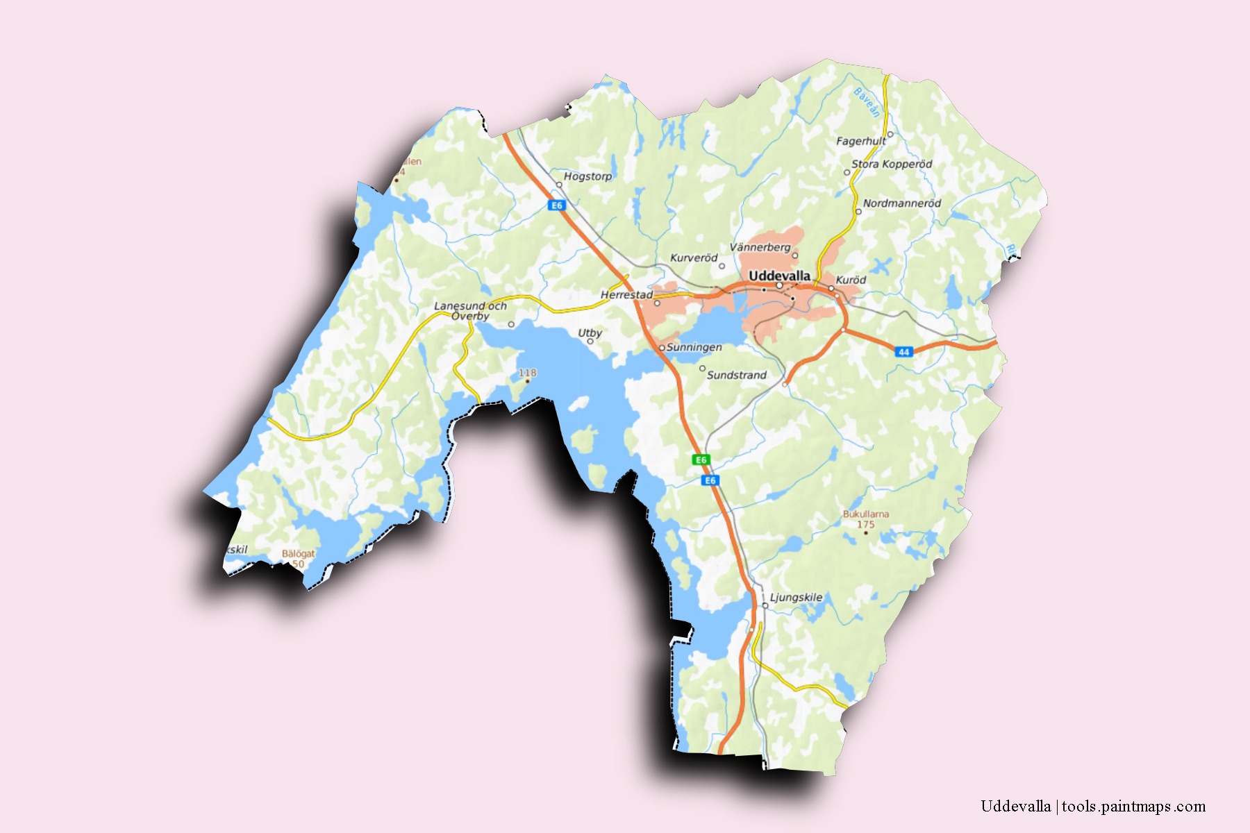 Mapa de barrios y pueblos de Uddevalla con efecto de sombra 3D