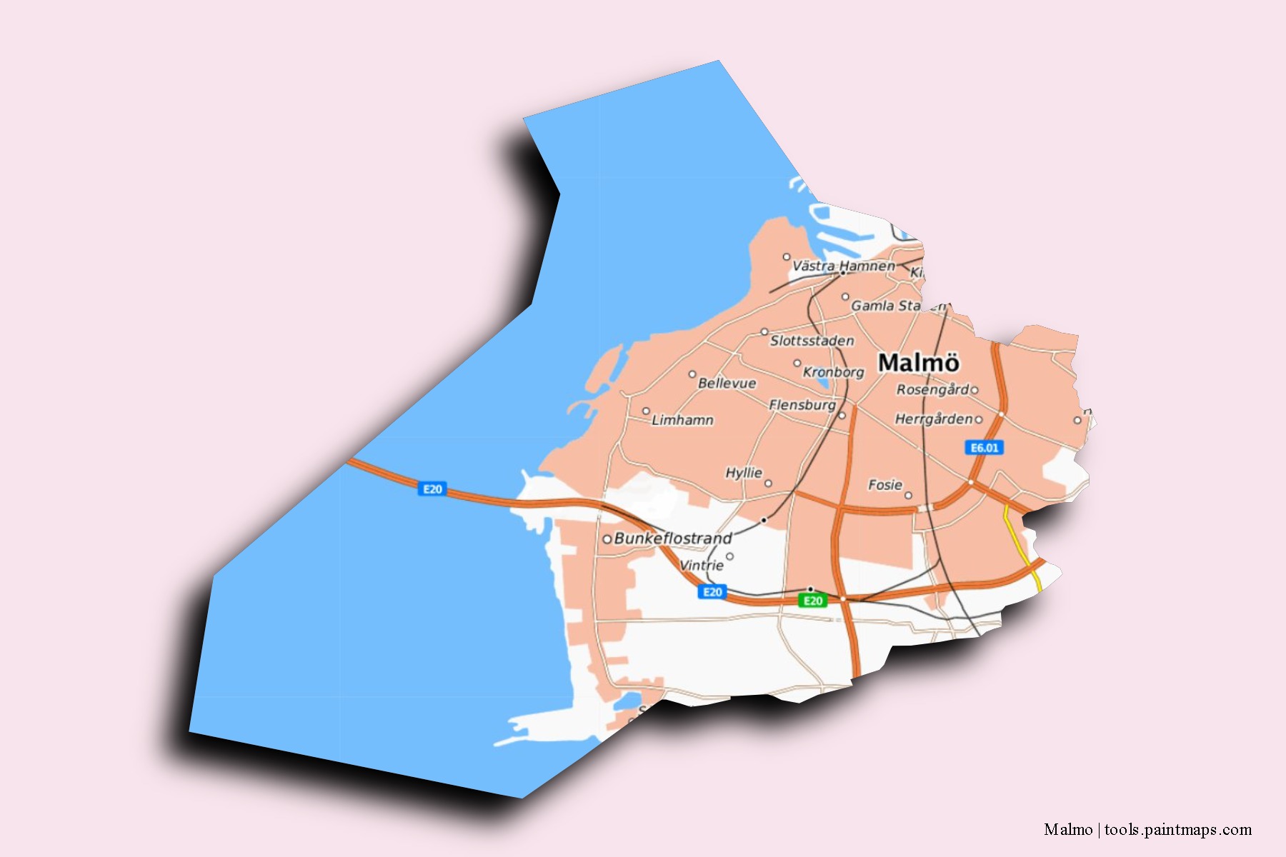 Mapa de barrios y pueblos de Malmo con efecto de sombra 3D