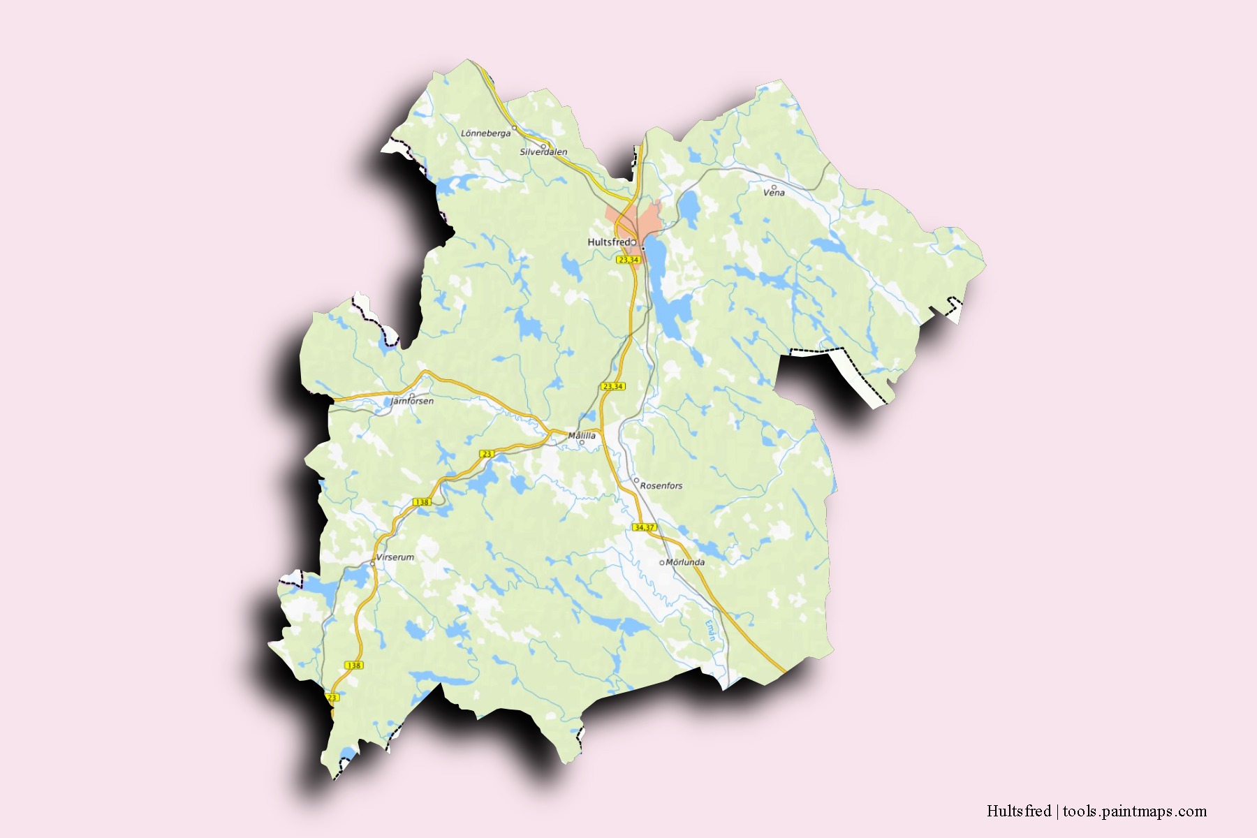 Hultsfred neighborhoods and villages map with 3D shadow effect