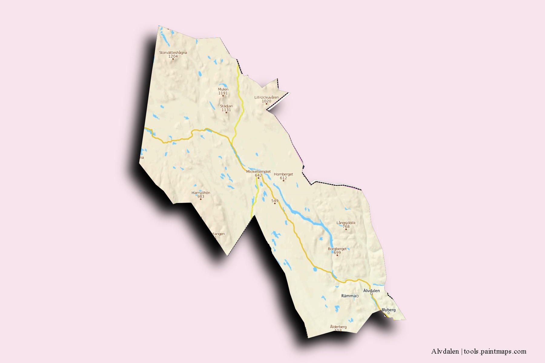 Mapa de barrios y pueblos de Alvdalen con efecto de sombra 3D