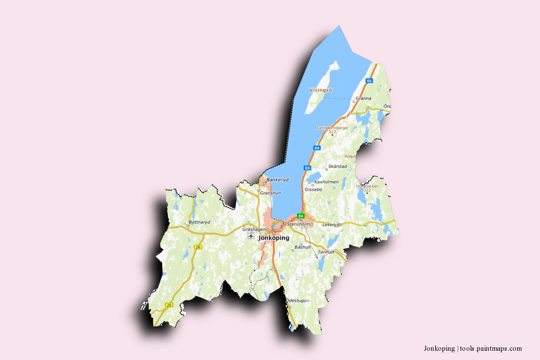 Mapa de barrios y pueblos de Jonkoping con efecto de sombra 3D