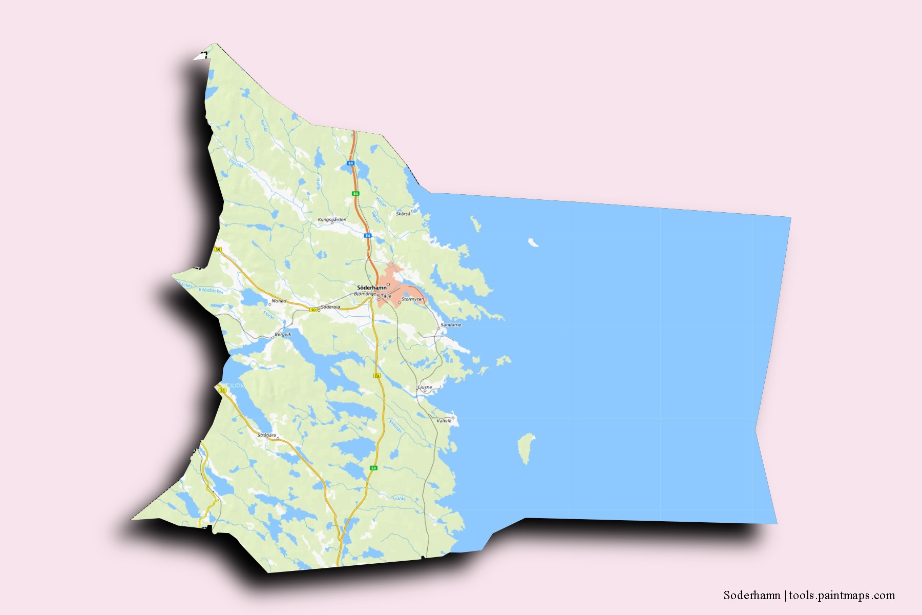 Mapa de barrios y pueblos de Soderhamn con efecto de sombra 3D