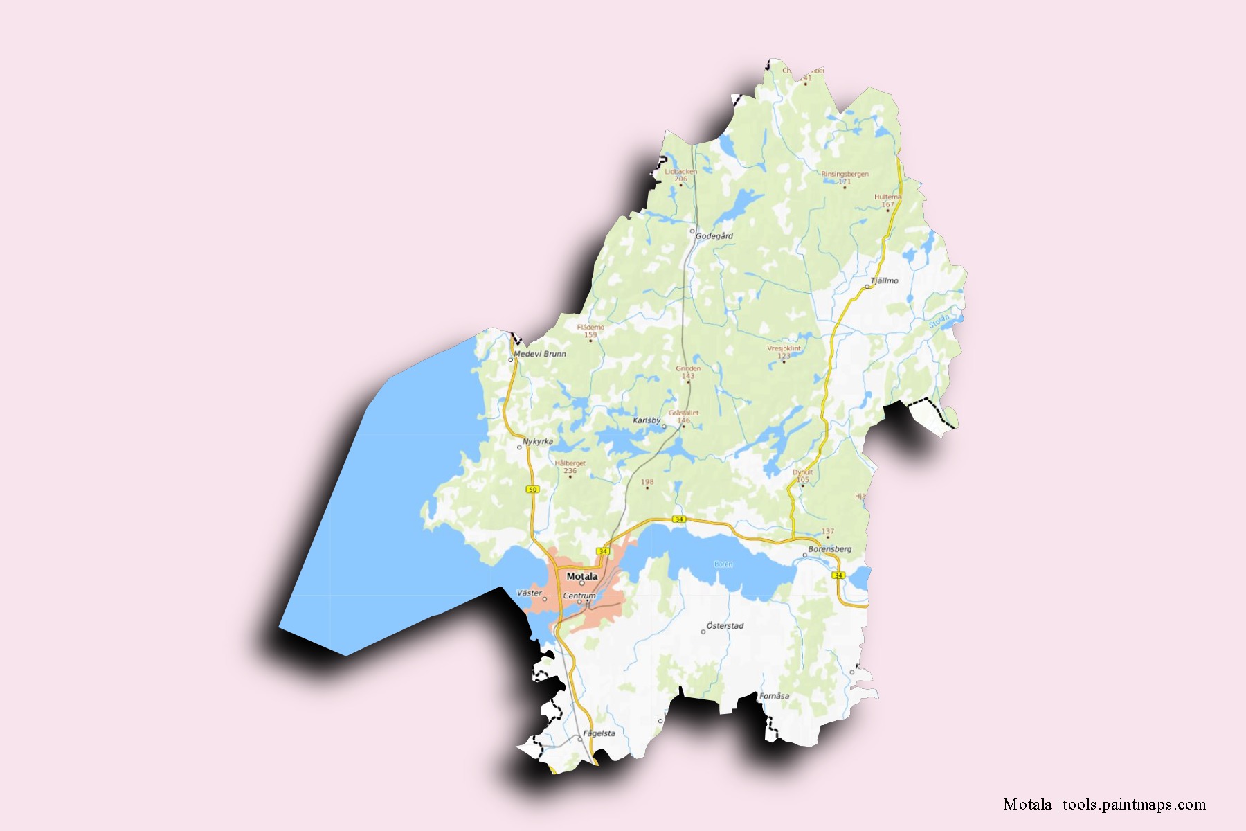 Motala neighborhoods and villages map with 3D shadow effect