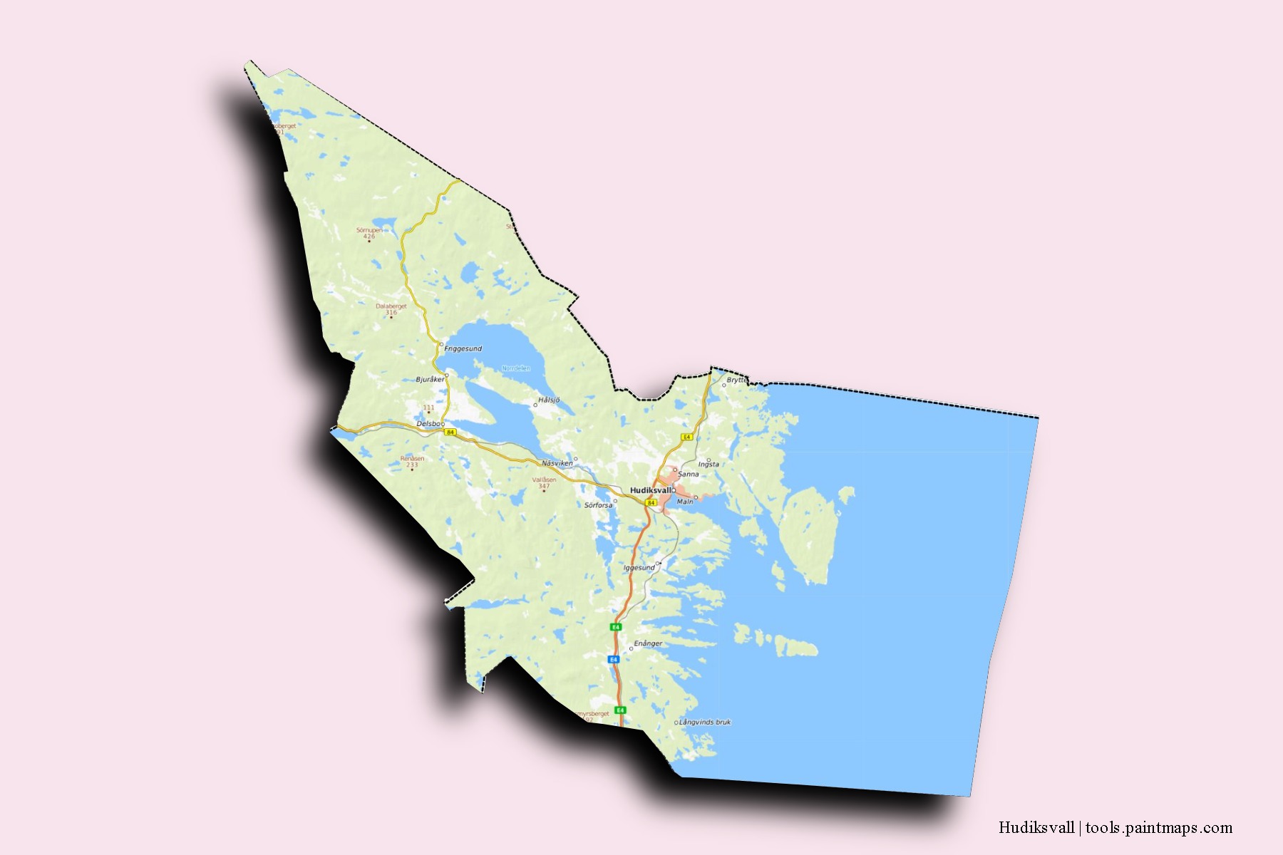 Mapa de barrios y pueblos de Hudiksvall con efecto de sombra 3D