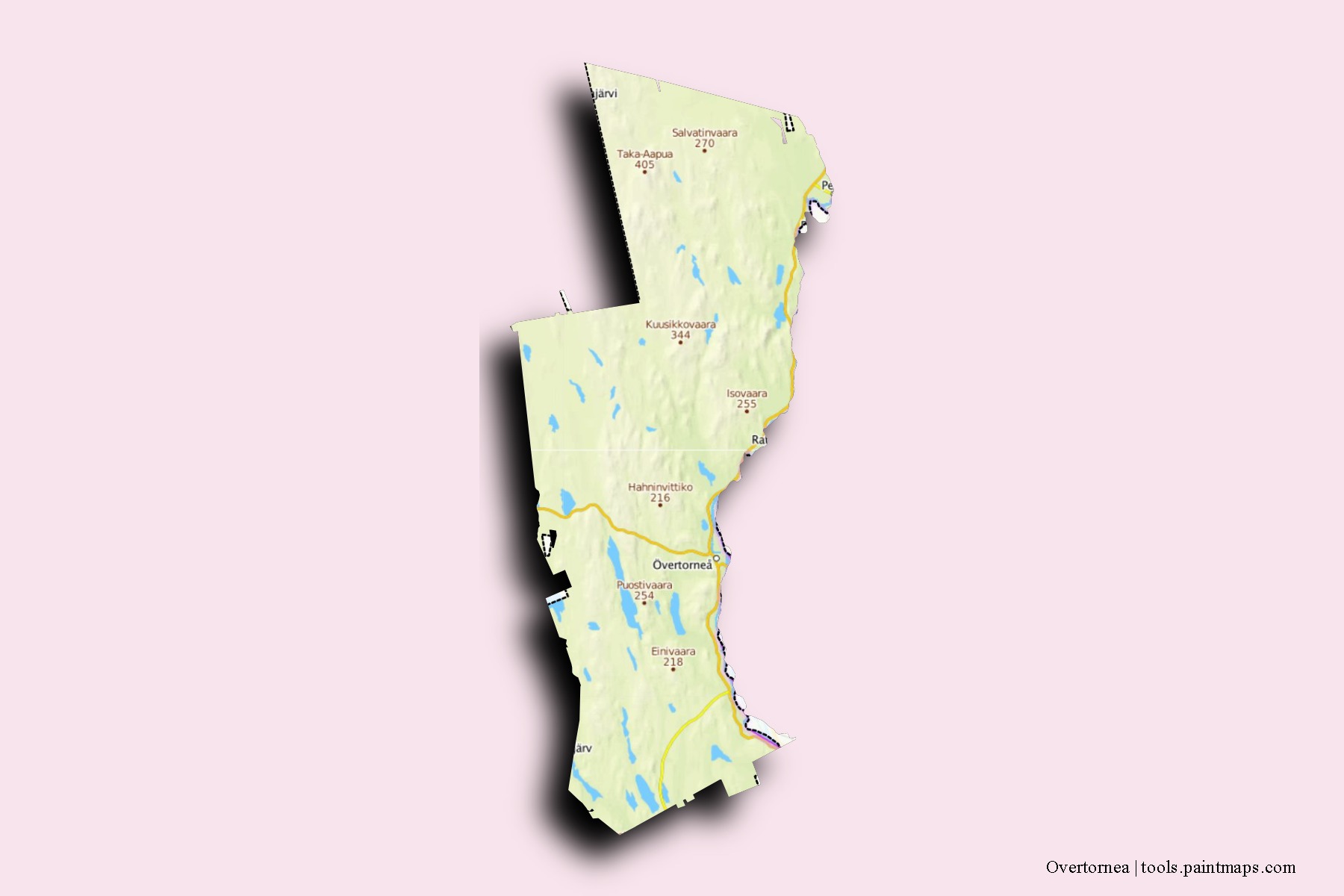 Overtornea neighborhoods and villages map with 3D shadow effect