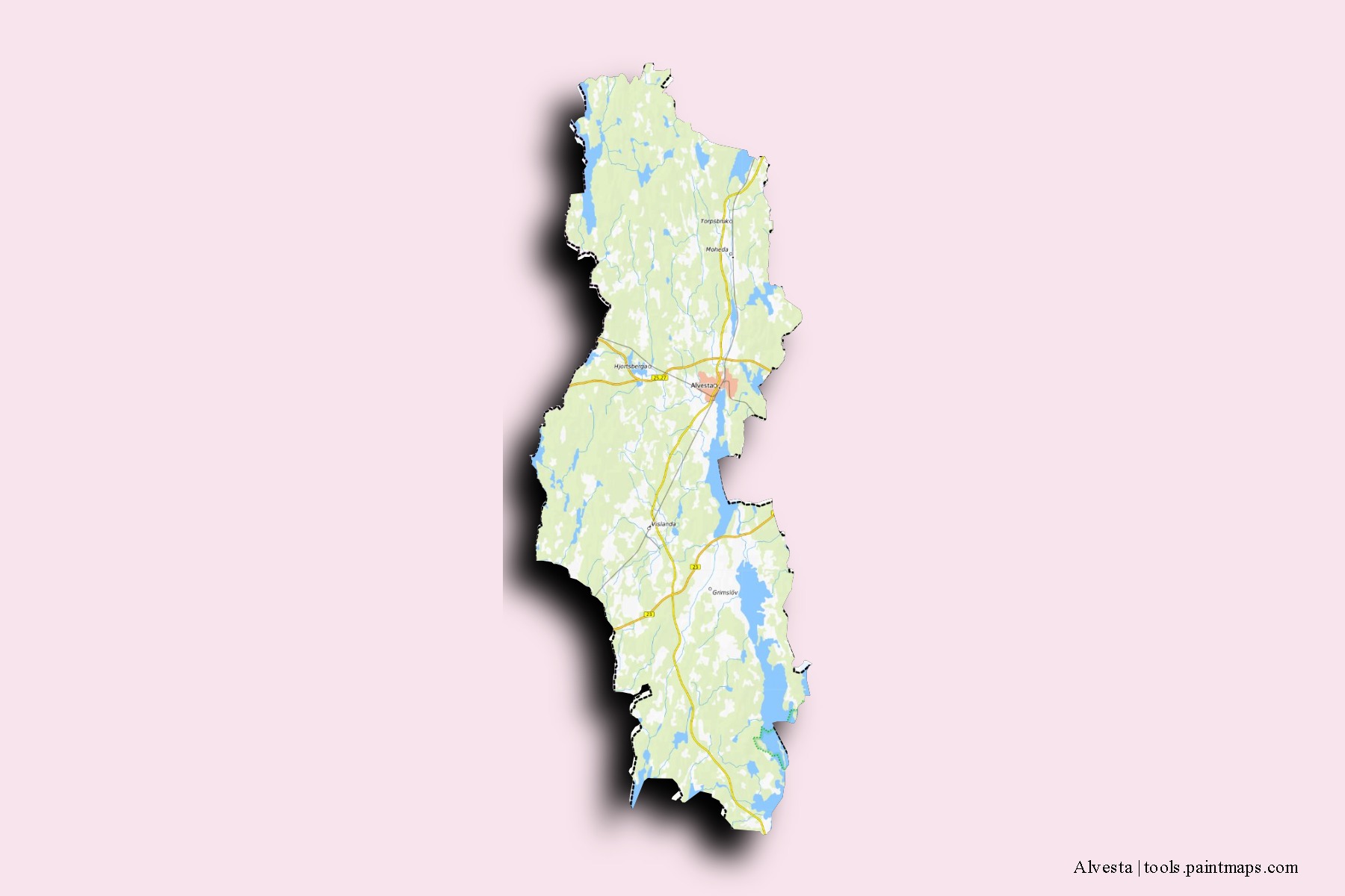 Mapa de barrios y pueblos de Alvesta con efecto de sombra 3D