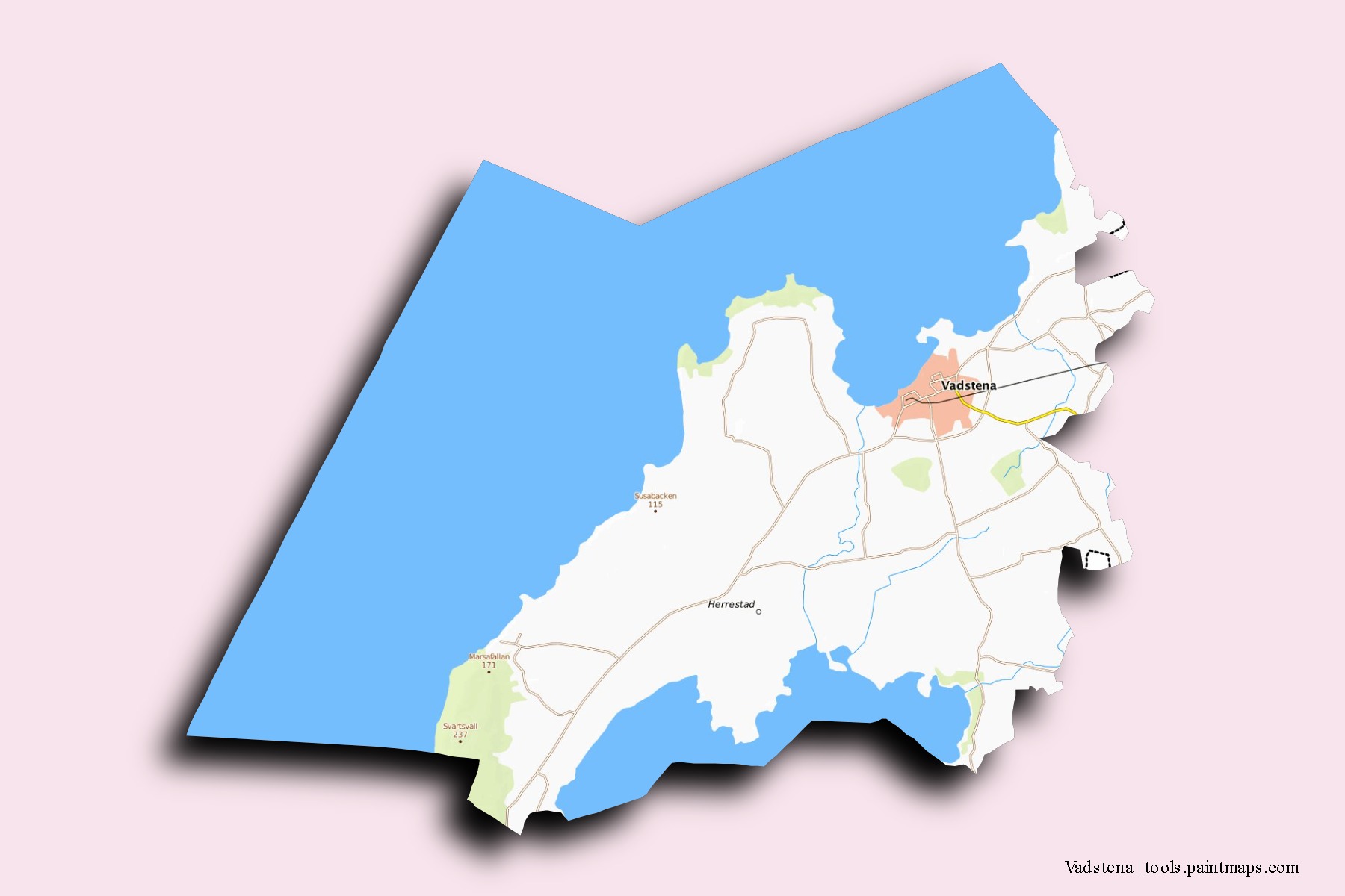 Mapa de barrios y pueblos de Vadstena con efecto de sombra 3D