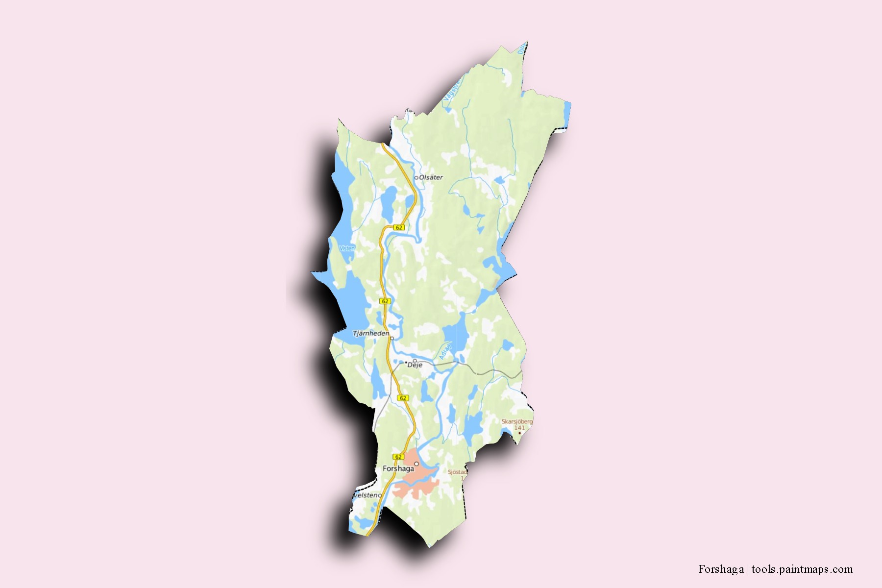 Forshaga neighborhoods and villages map with 3D shadow effect