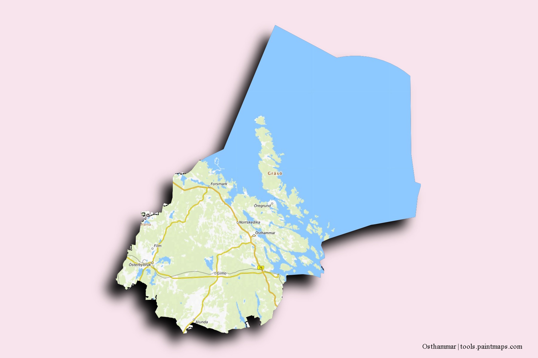 Osthammar neighborhoods and villages map with 3D shadow effect